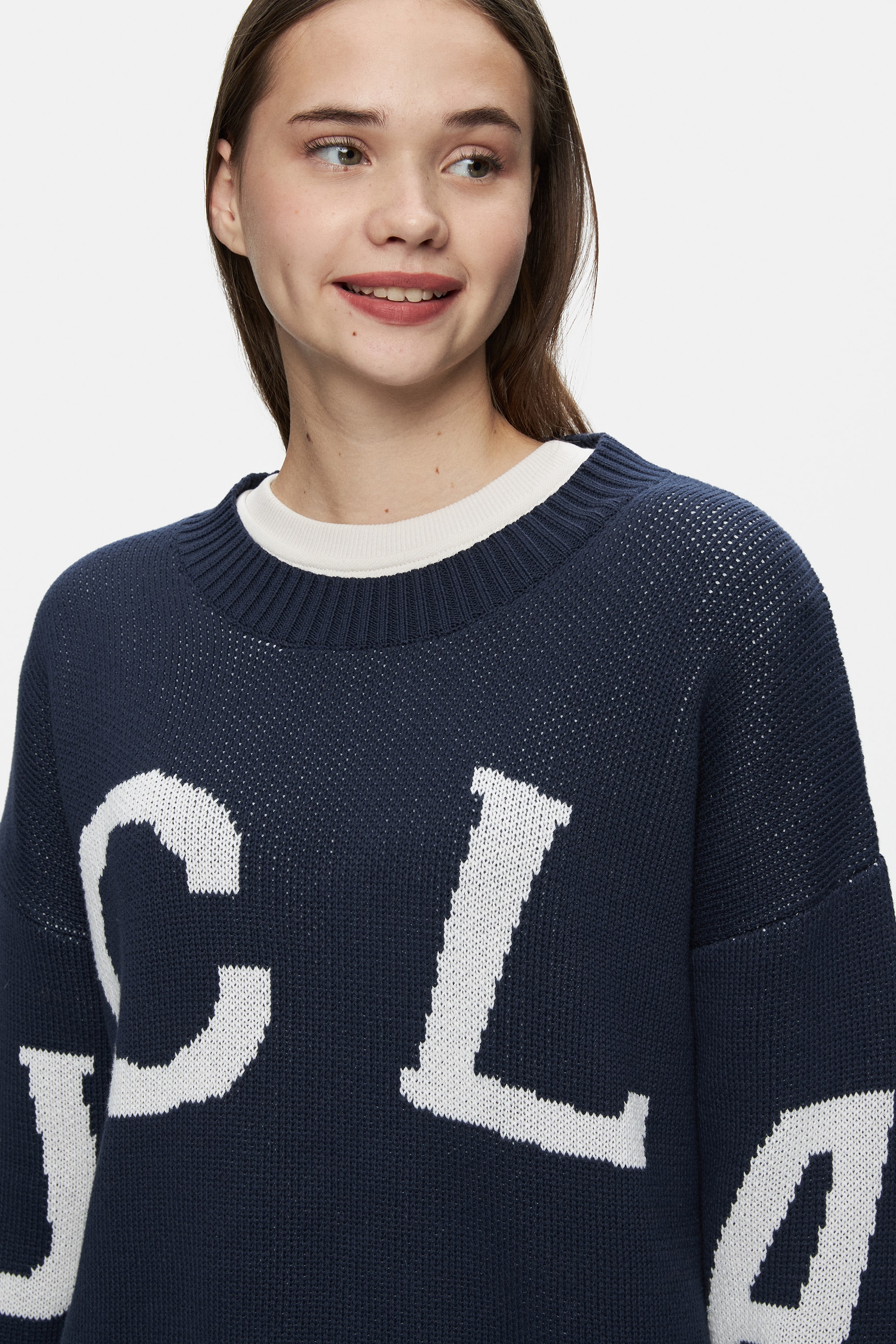 LIMAS Lacivert Bisiklet Yaka Jakarlı Oversize Kadın Triko