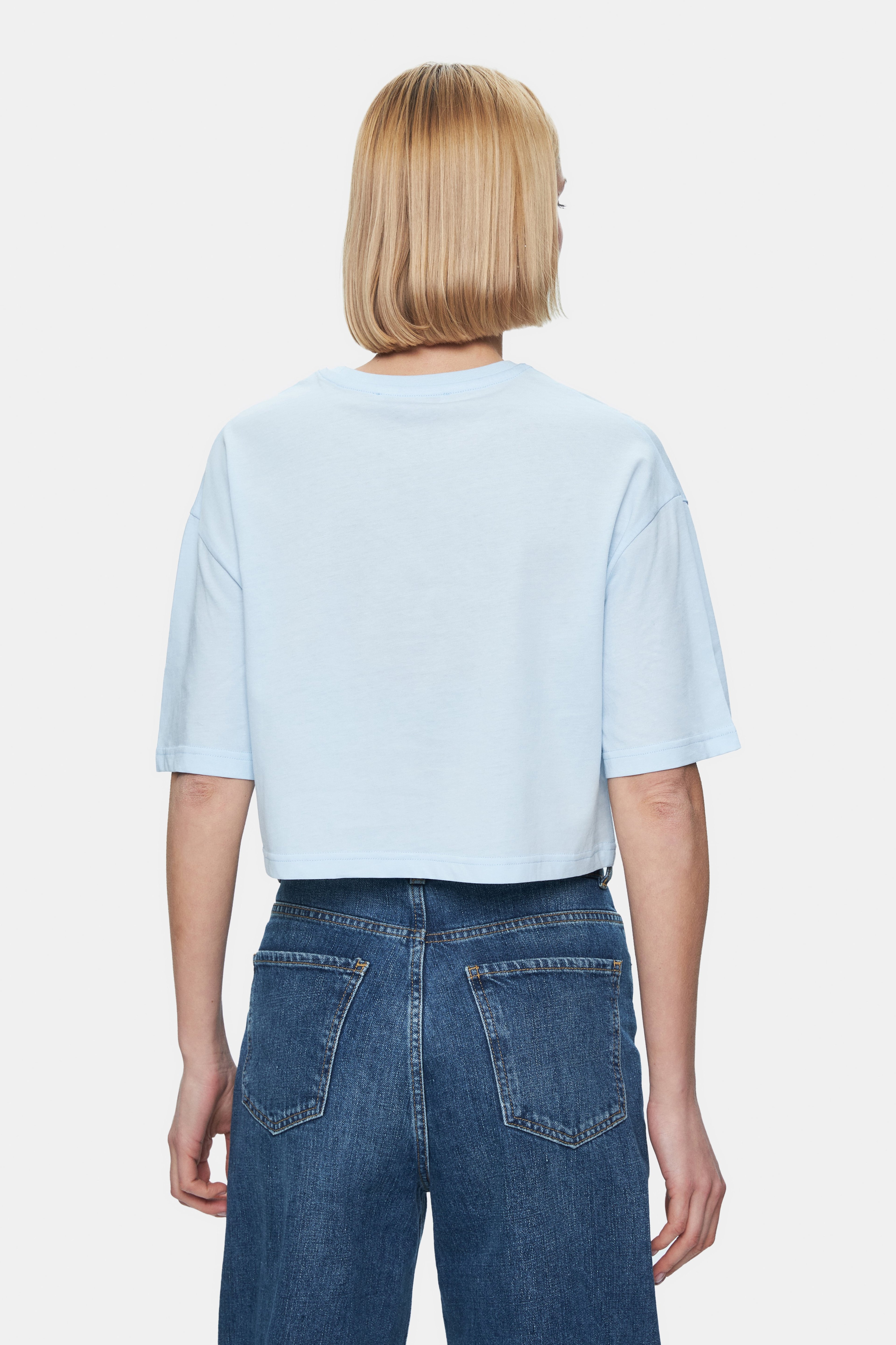 INDIANA Gök Mavi Bisiklet Yaka Crop Baskılı Loose Fit Kadın Tshirt