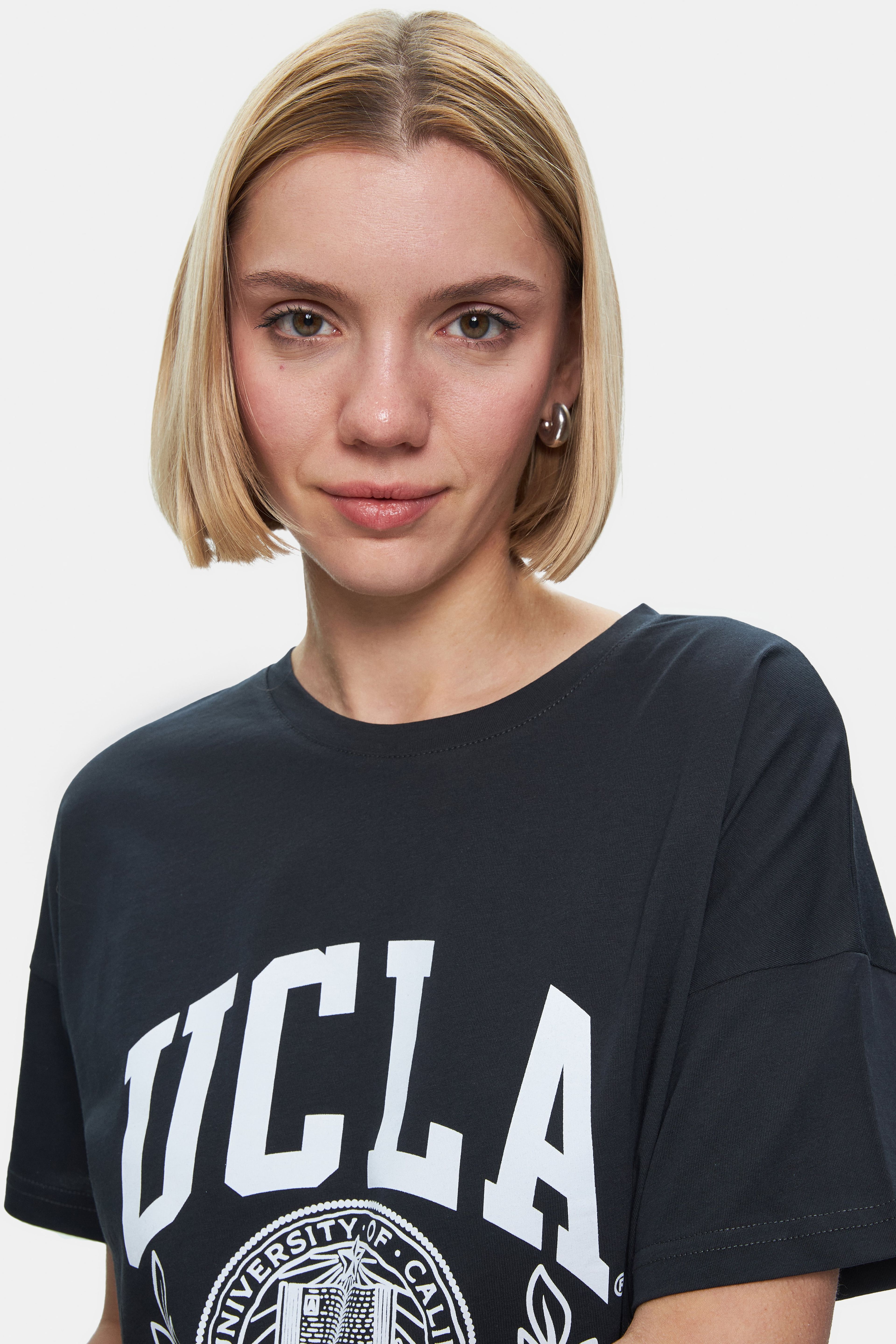 AVALON Antrasit Bisiklet Yaka Baskılı Oversize Kadın Tshirt