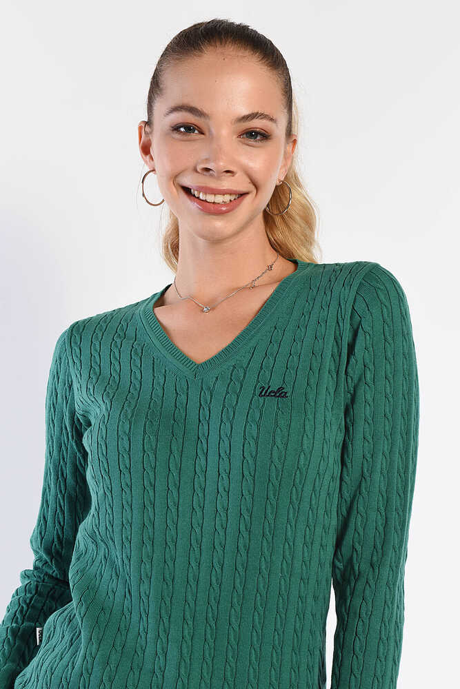 CREST Yeşil Saç Örgü Nakışlı Standard Fit Kadın Triko