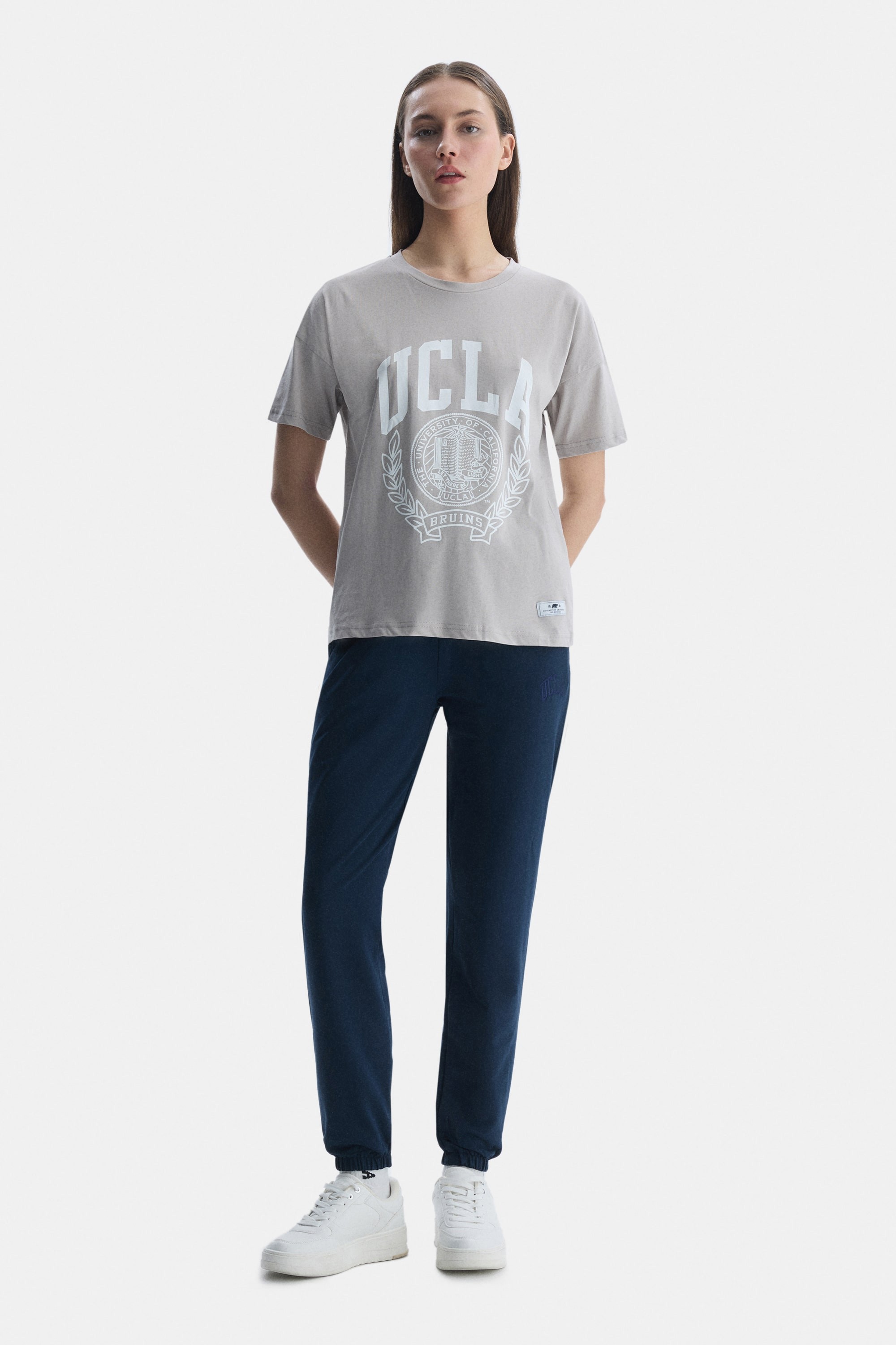 AVALON Gri Bisiklet Yaka Baskılı Oversize Kadın Tshirt