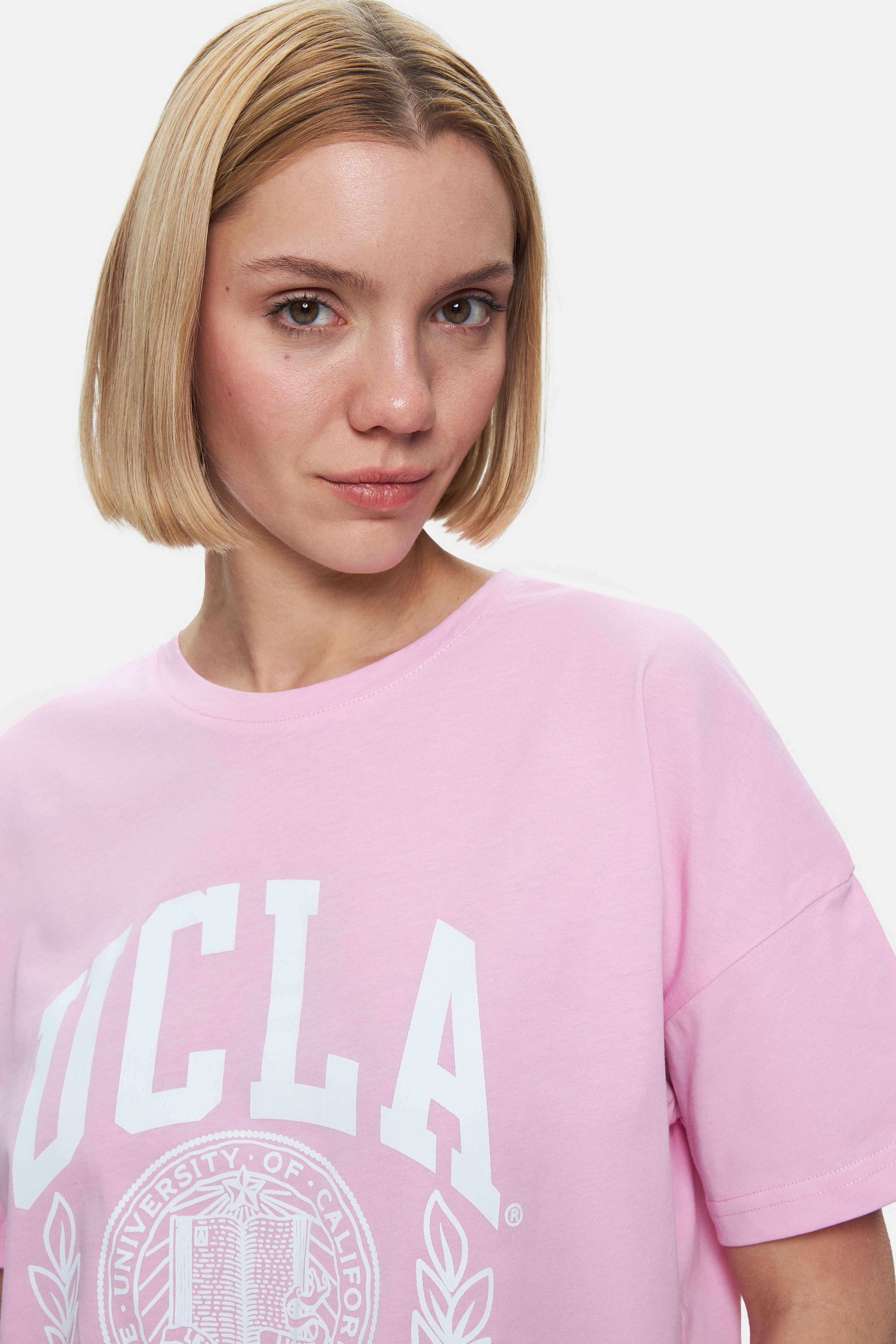 AVALON Pembe Bisiklet Yaka Baskılı Oversize Kadın Tshirt