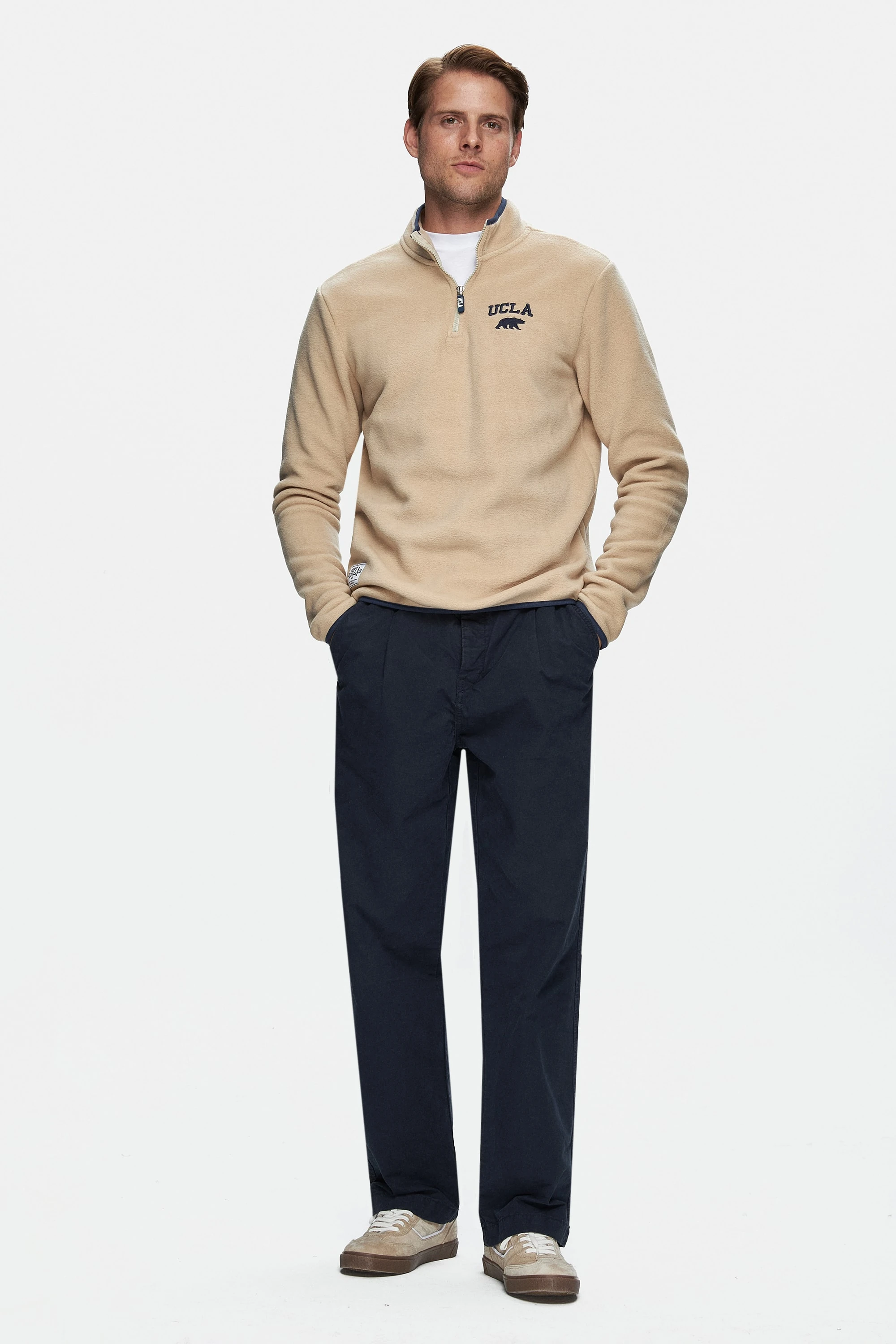 CORNING Koyu Bej Yarım Fermuarlı Nakışlı Polar Dik Yaka Standard Fit Erkek Sweatshirt