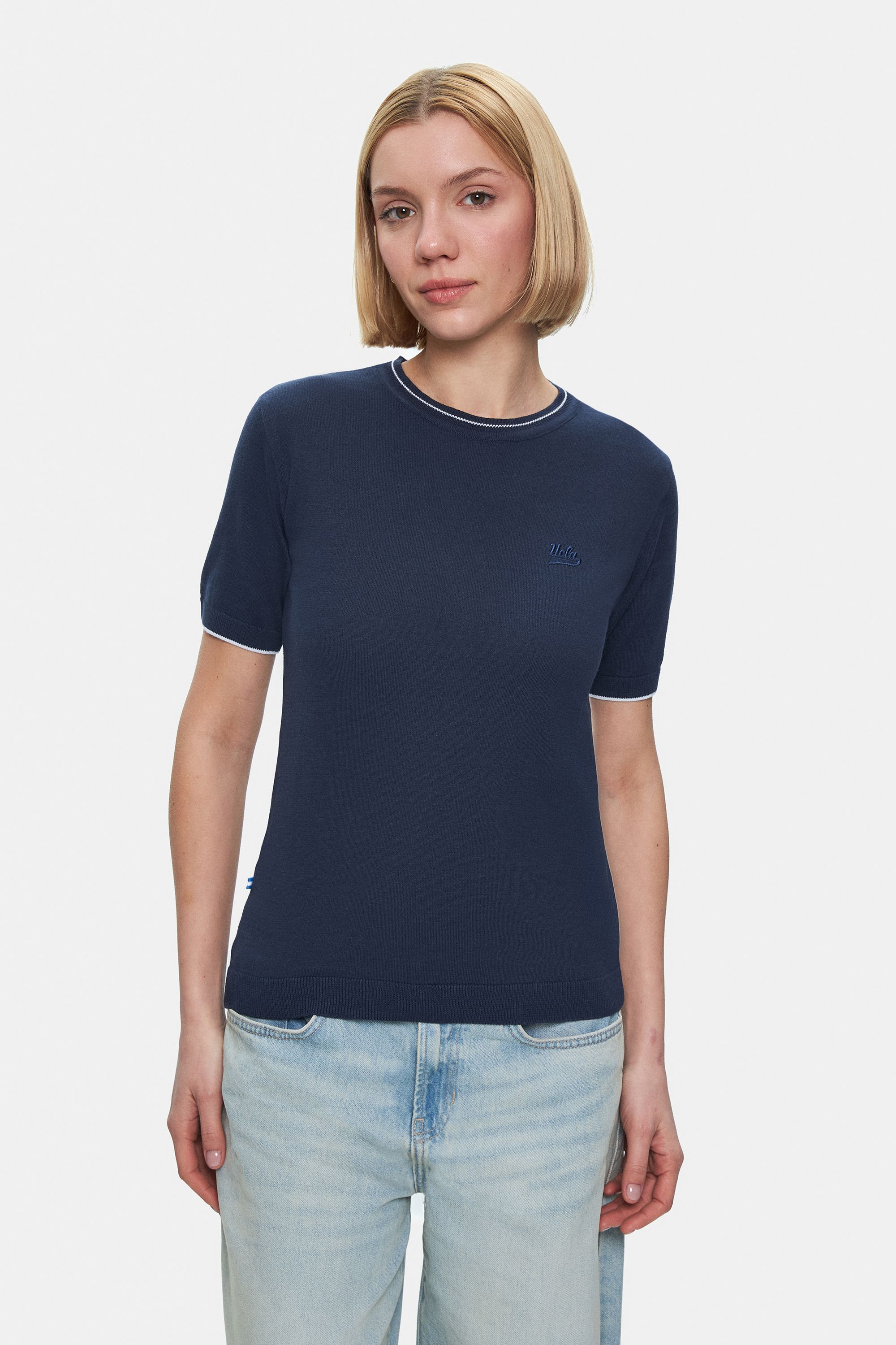 JENNY Lacivert Bisiklet Yaka Triko Nakışlı Standard Fit Kadın Tshirt