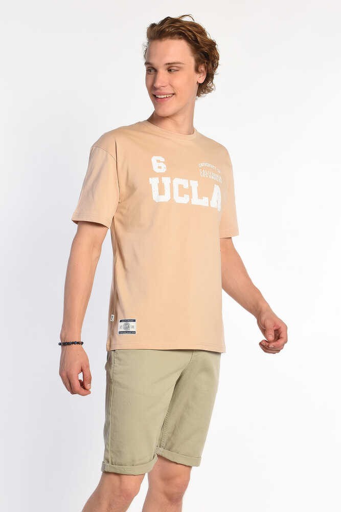 BREA Bej Bisiklet Yaka Baskılı Oversize  Erkek Tshirt