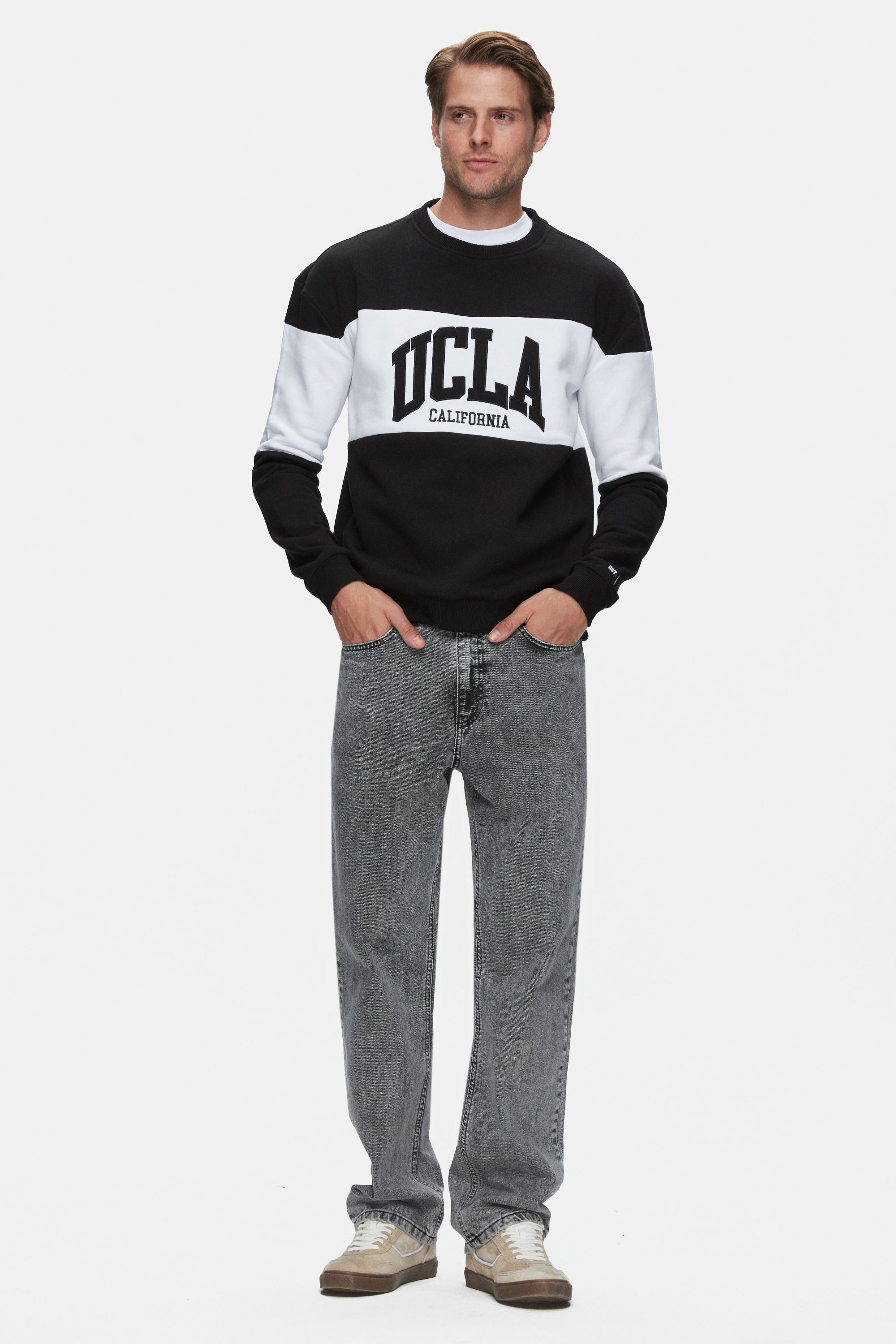 ARCHER Siyah Bisiklet Yaka Nakışlı Şardonlu Loose Fit Erkek Sweatshirt