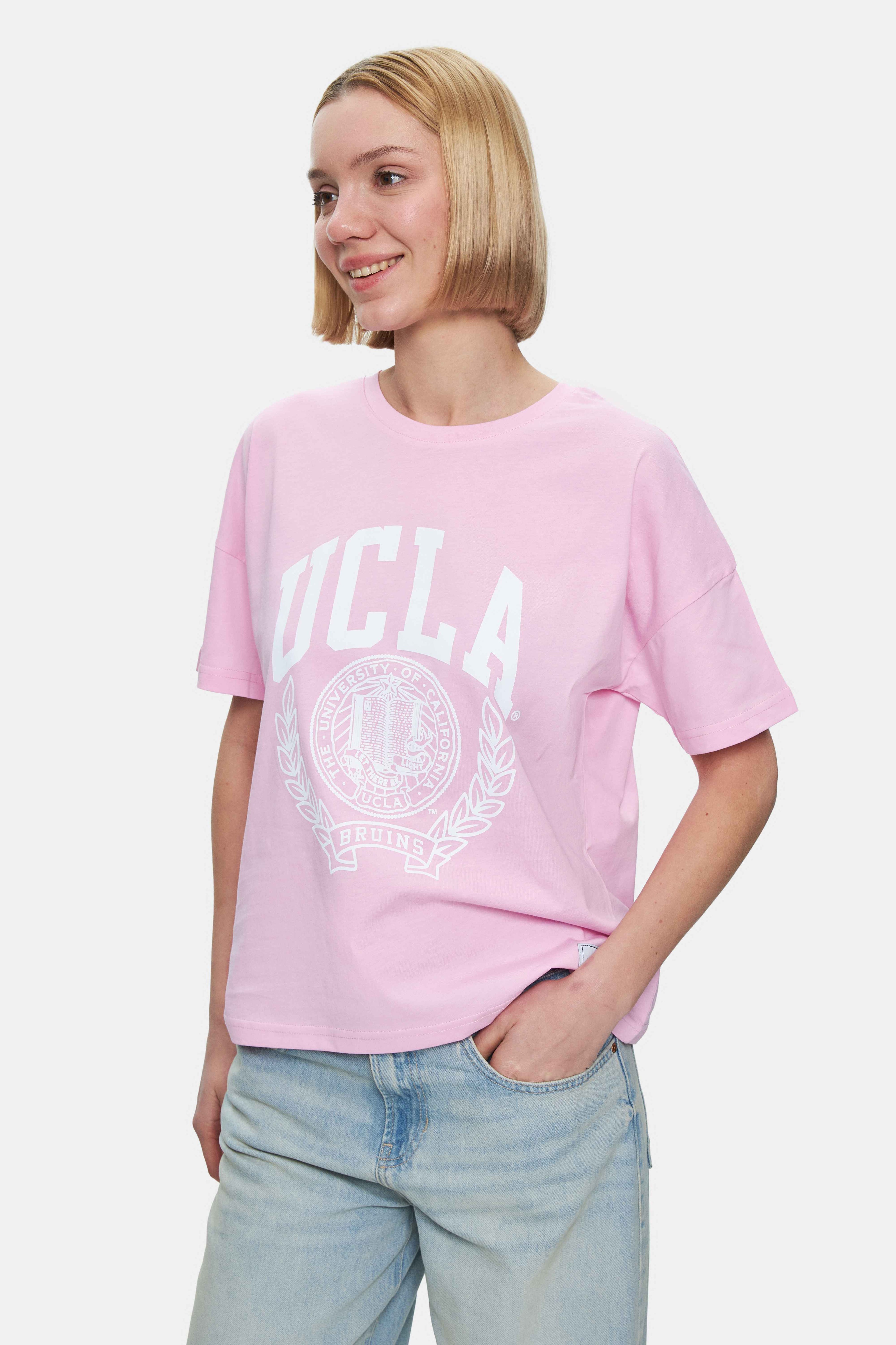AVALON Pembe Bisiklet Yaka Baskılı Oversize Kadın Tshirt