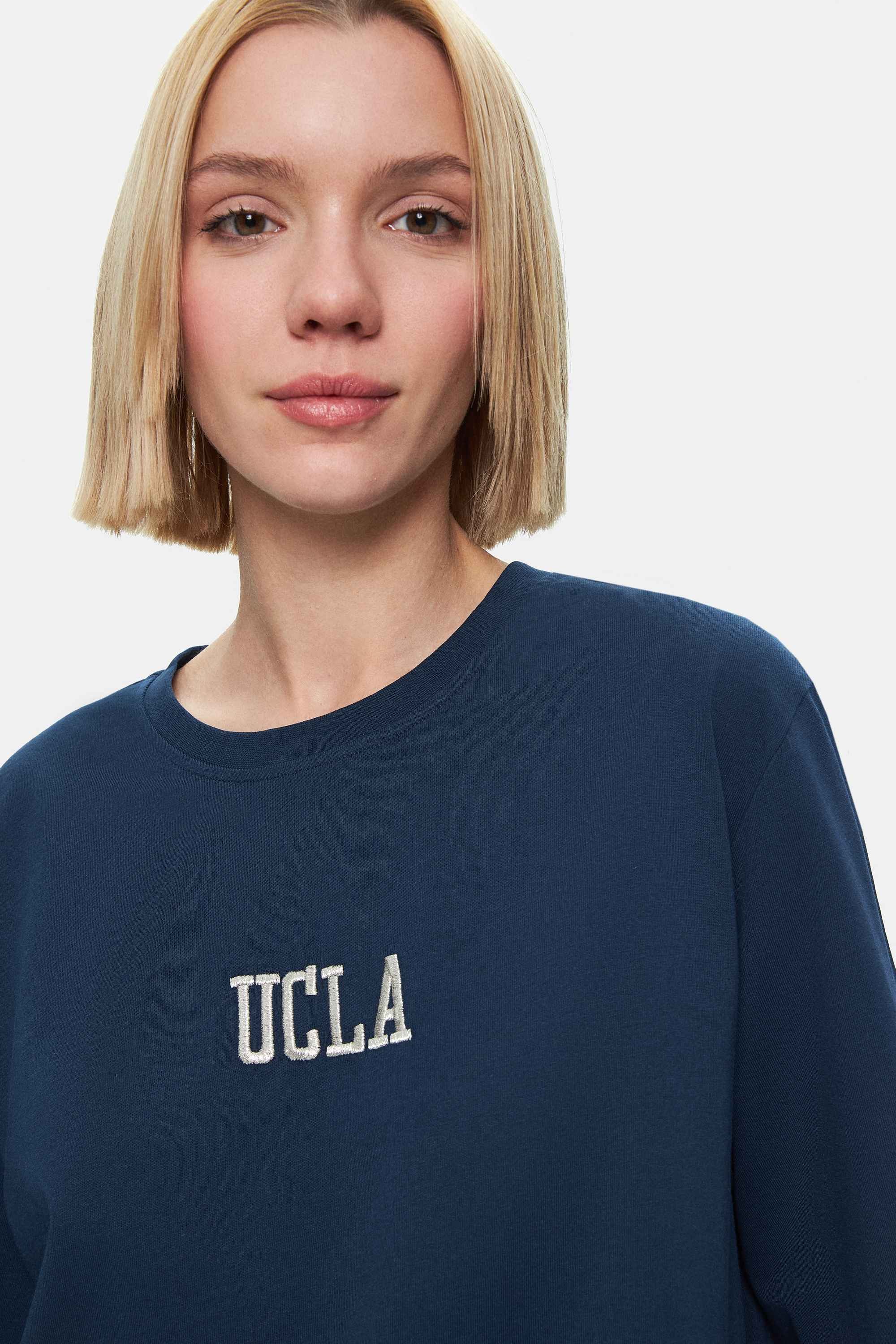 MANUELA Lacivert Bisiklet Yaka Tshirt Nakışlı Loose Fit Kadın Tshirt