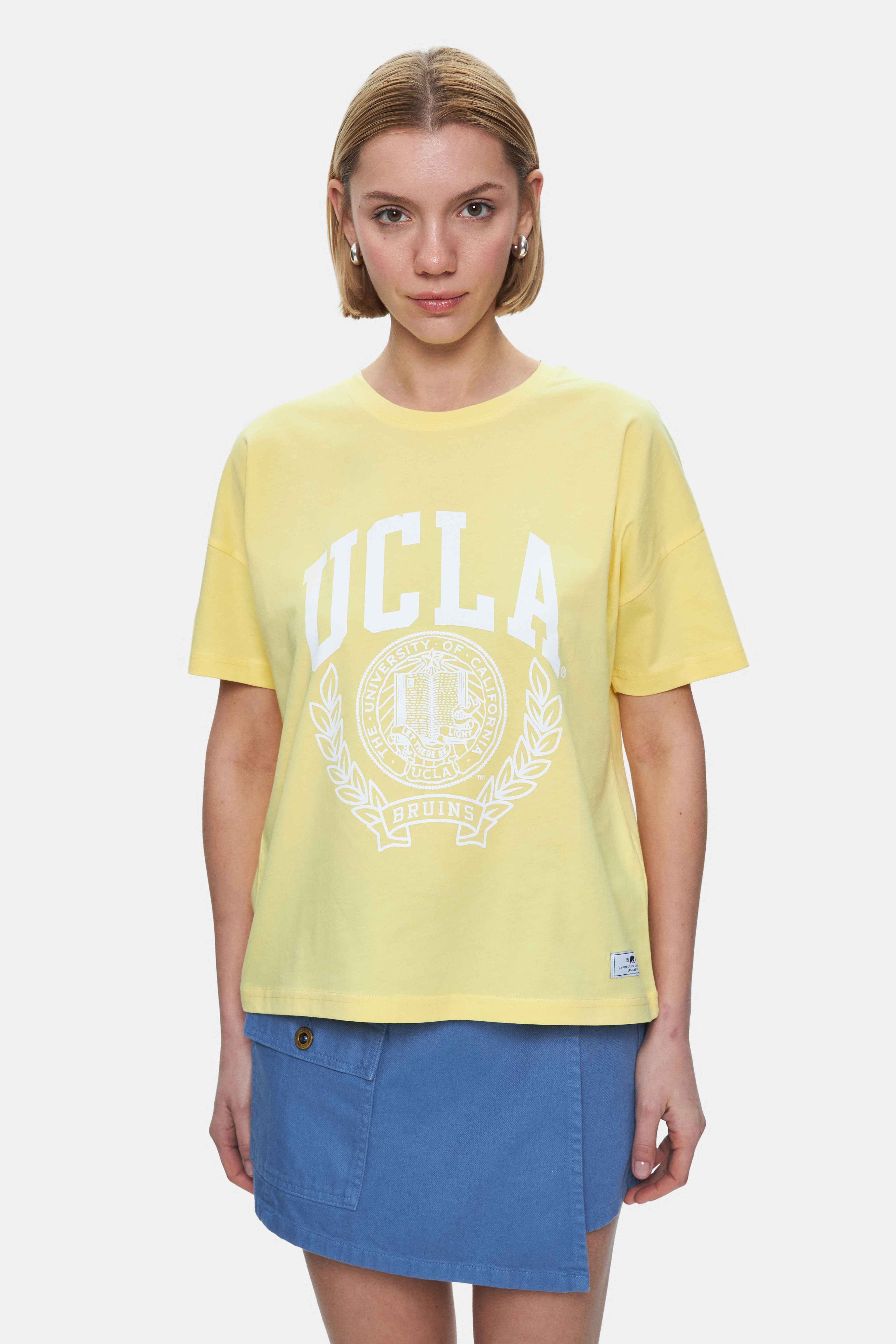 AVALON Açık Sarı Bisiklet Yaka Baskılı Oversize Kadın Tshirt