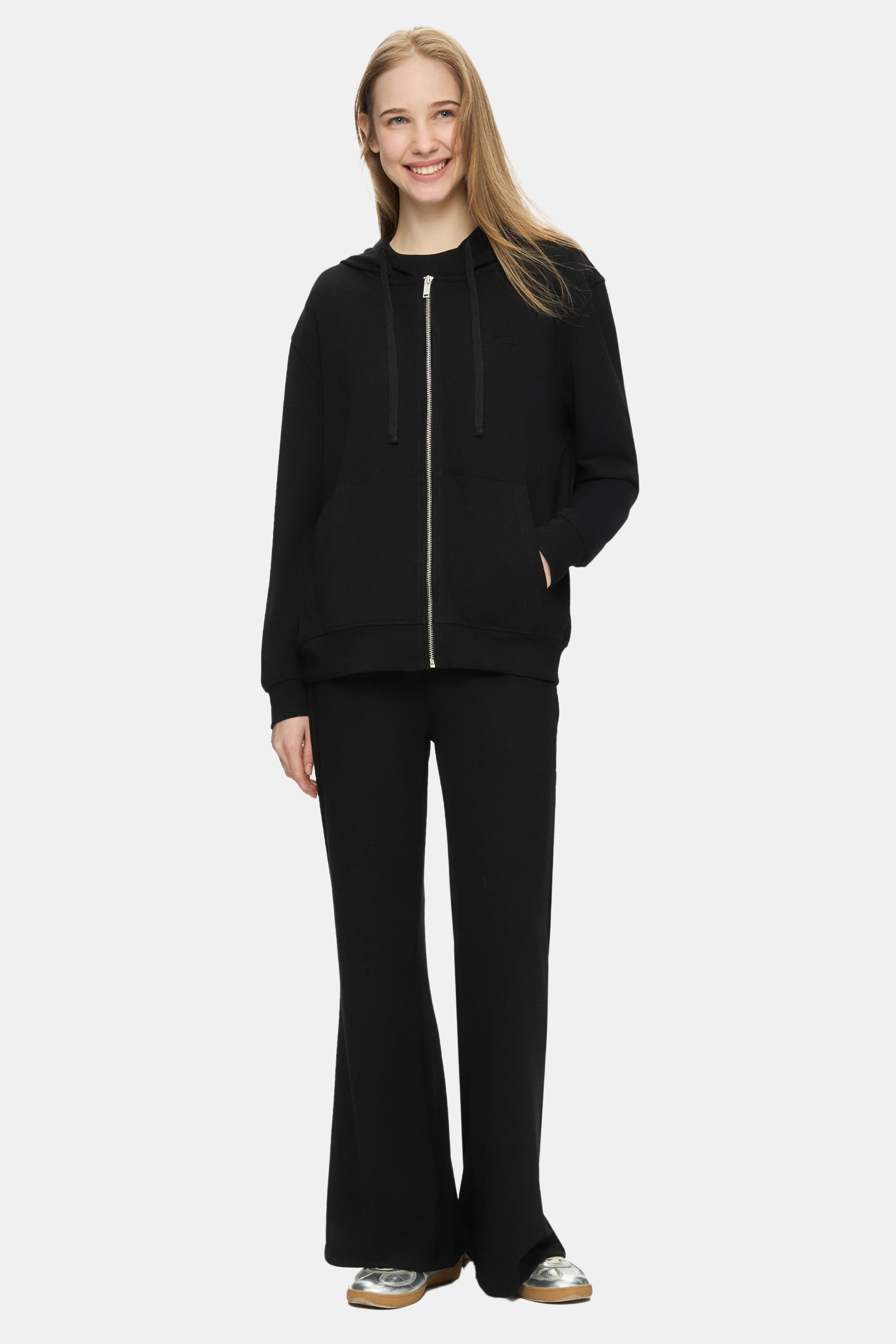 ALLURA Siyah Kapüşonlu Gofre Baskı Loose Fit Kadın Sweatshirt