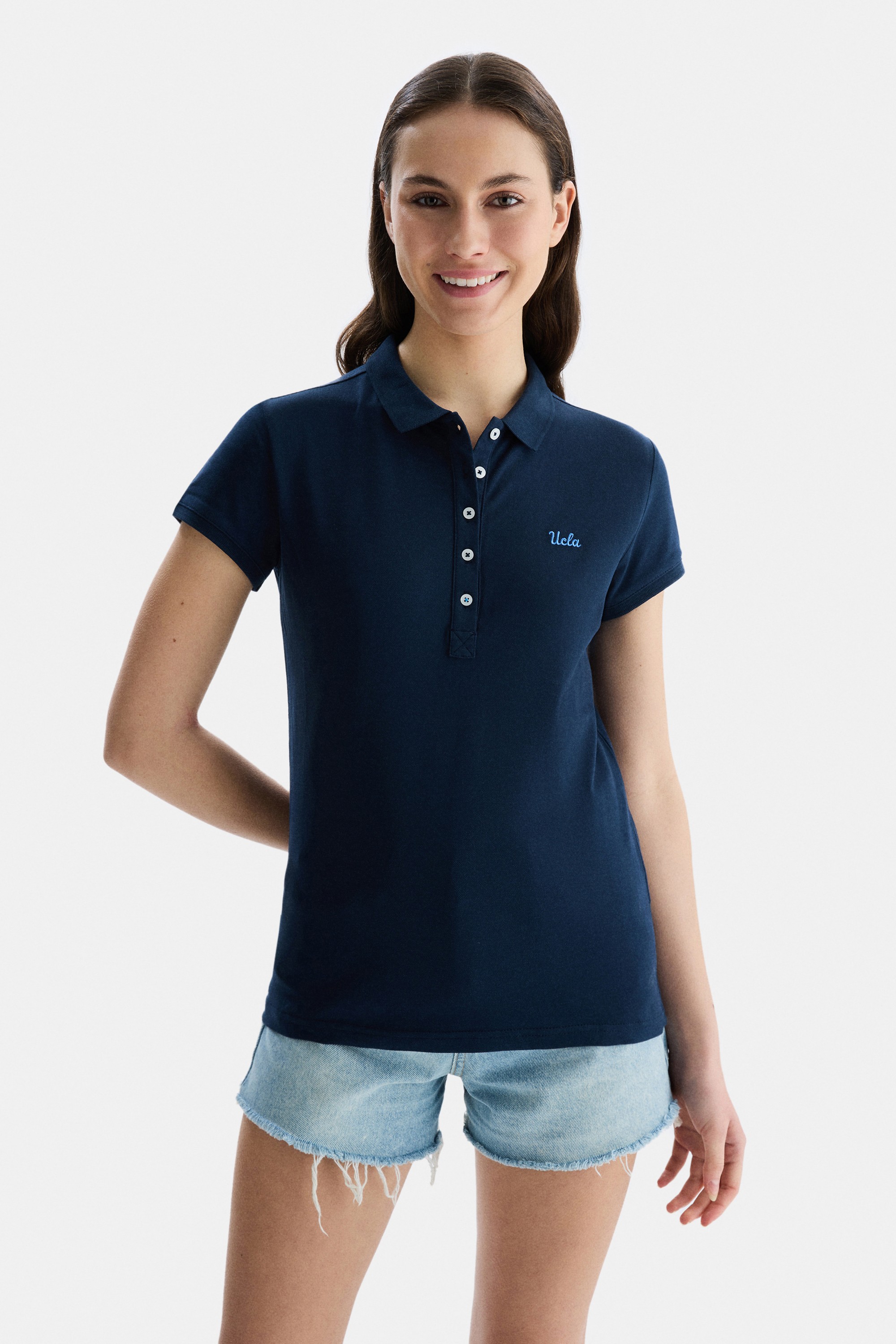 SHAVER Lacivert Polo Yaka Nakışlı Standard Fit Kadın Tshirt