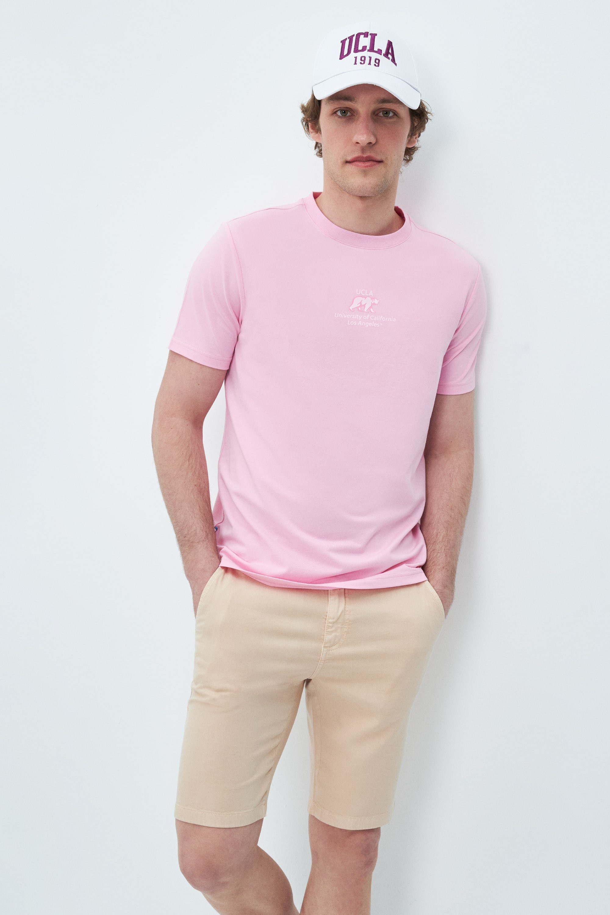 FABIO Açık Pembe Bisiklet Yaka Baskılı Standard Fit Erkek Tshirt