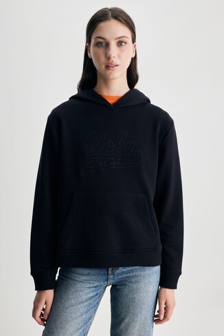 DEBORAH Siyah Kapüşonlu Nakışlı Standard Fit Kadın Sweatshirt