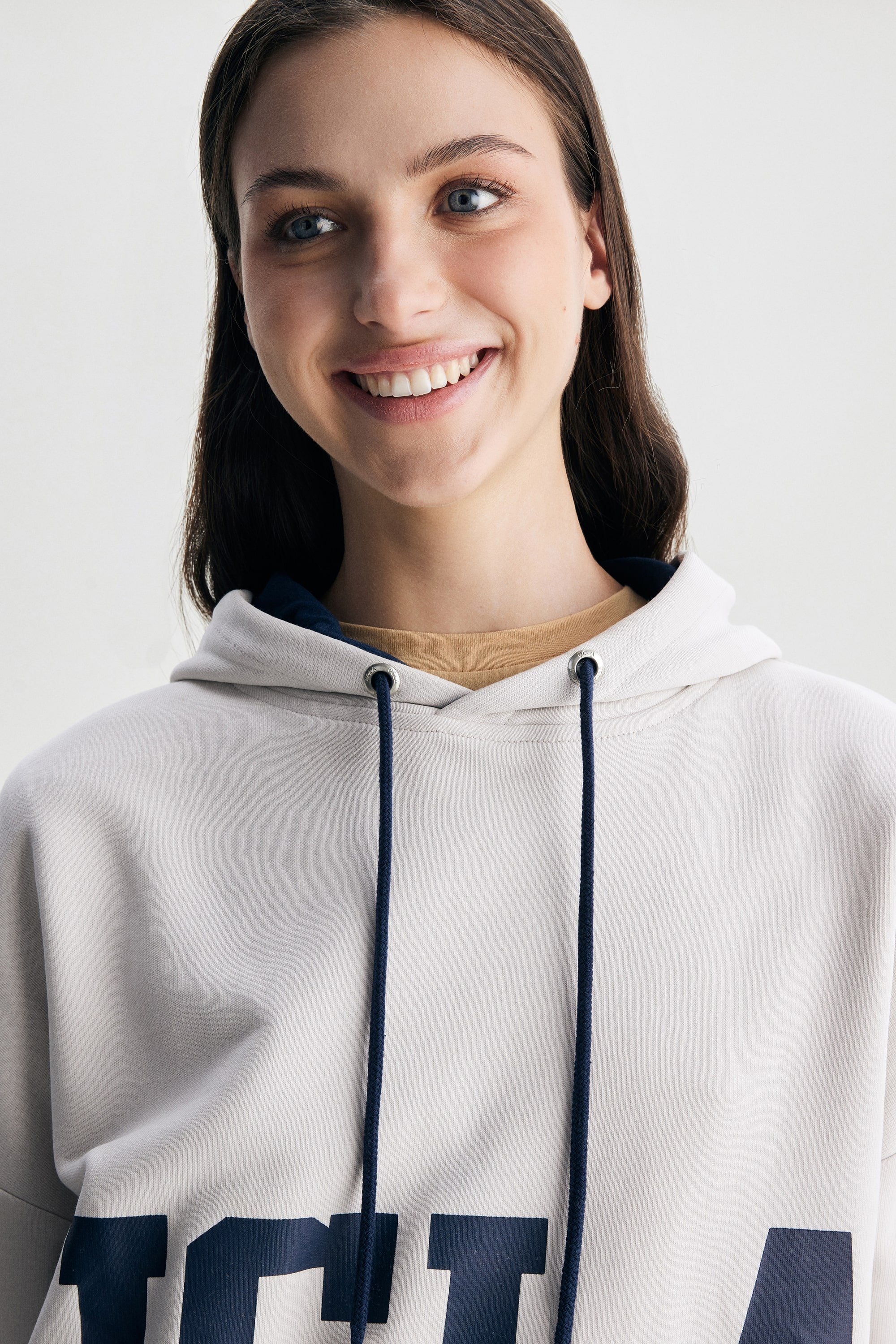 ELLEN Bej Kapüşonlu Baskılı Oversize  Kadın Sweatshirt