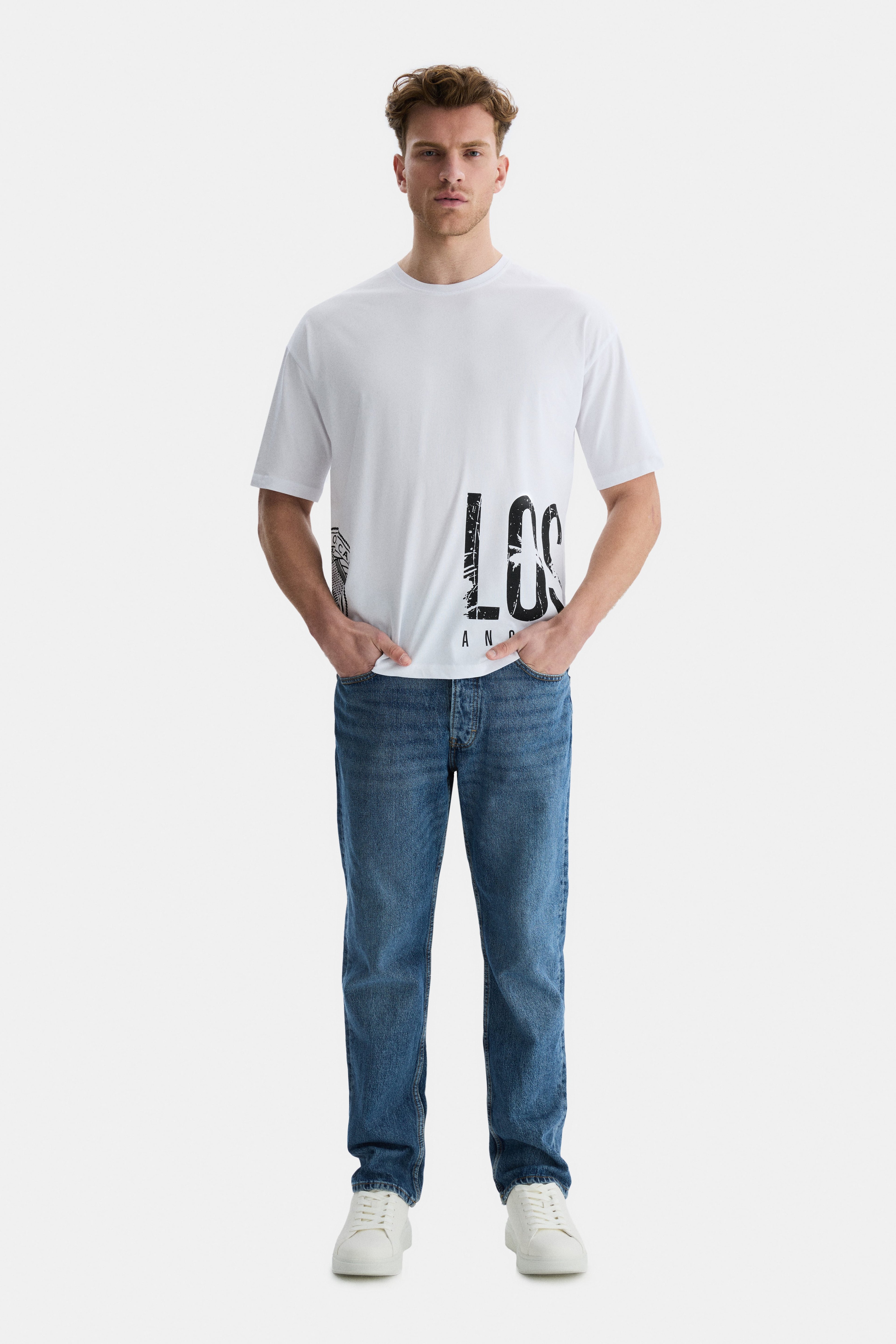 IGNISO Beyaz Bisiklet Yaka Baskılı Oversize Erkek Tshirt