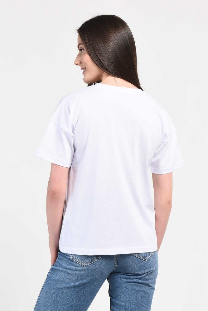 AVALON Beyaz Bisiklet Yaka Baskılı Oversize Kadın Tshirt