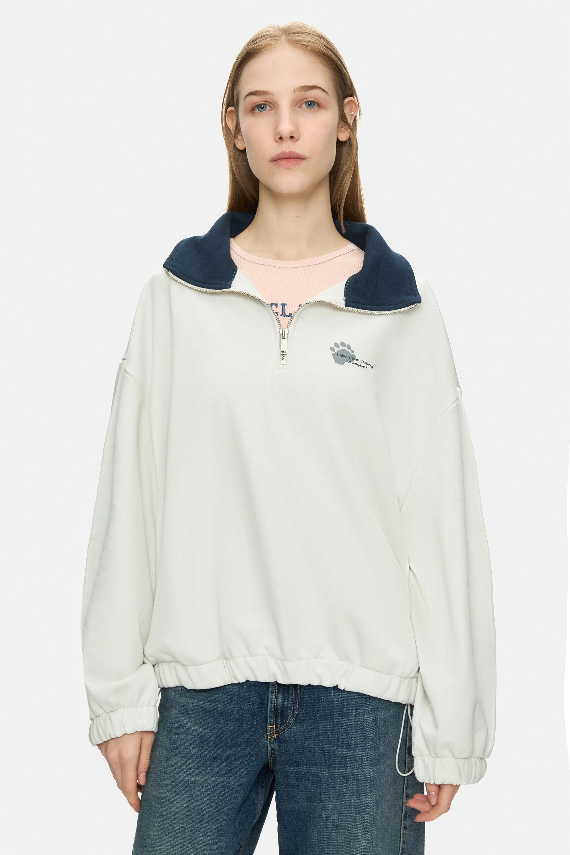 YOKO Kemik Rengi Fermuarlı Baskılı Oversize Fit Kadın Sweatshirt