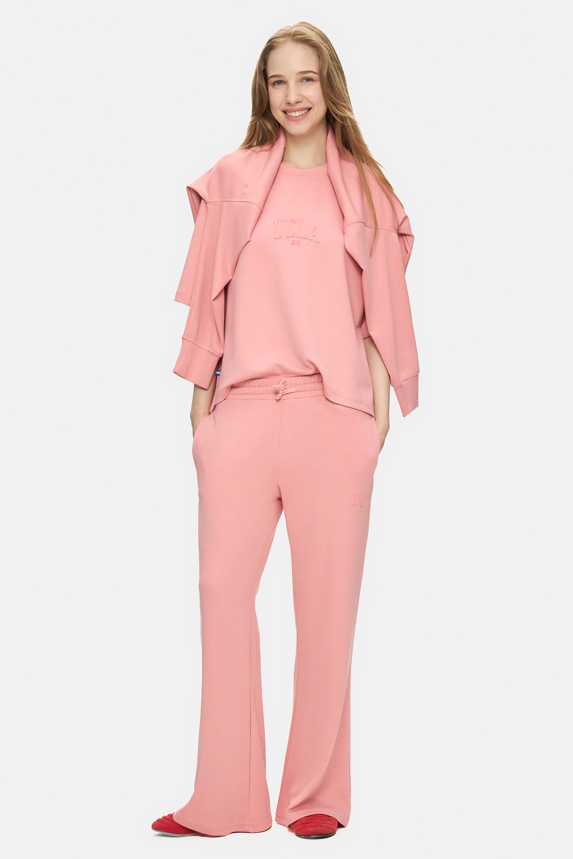 JAYLA Pembe Bisiklet Yaka Gofre Baskılı Modal Kumaş Loose Fit Kadın Tshirt