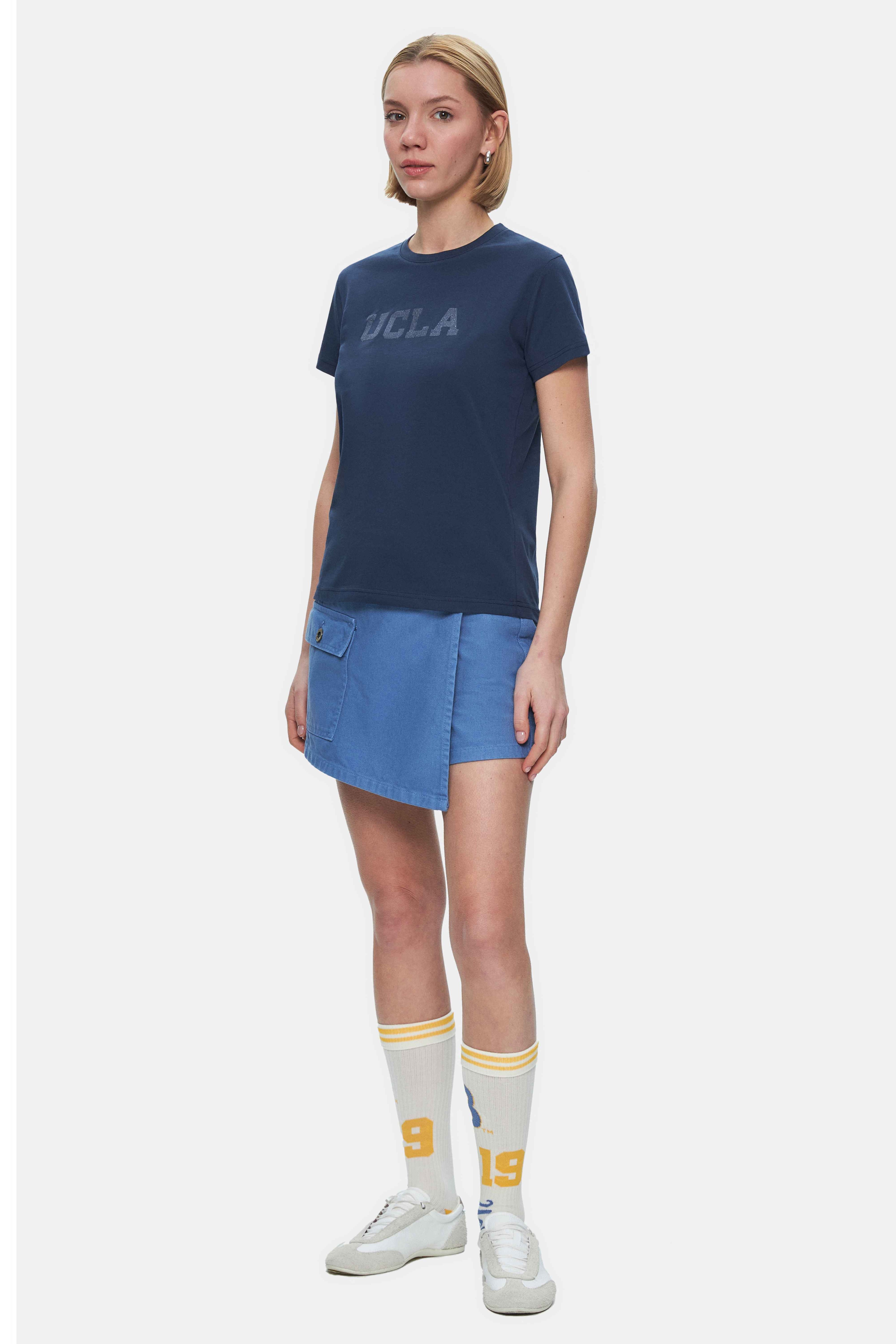 ISOLDE Lacivert Bisiklet Yaka Baskılı Standard Fit Kadın Tshirt