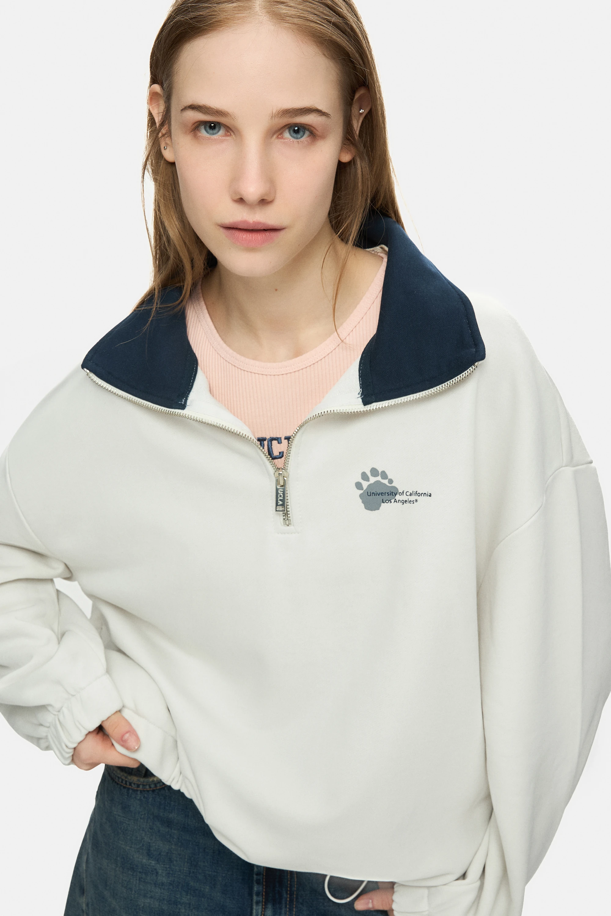 YOKO Kemik Rengi Fermuarlı Baskılı Oversize Fit Kadın Sweatshirt