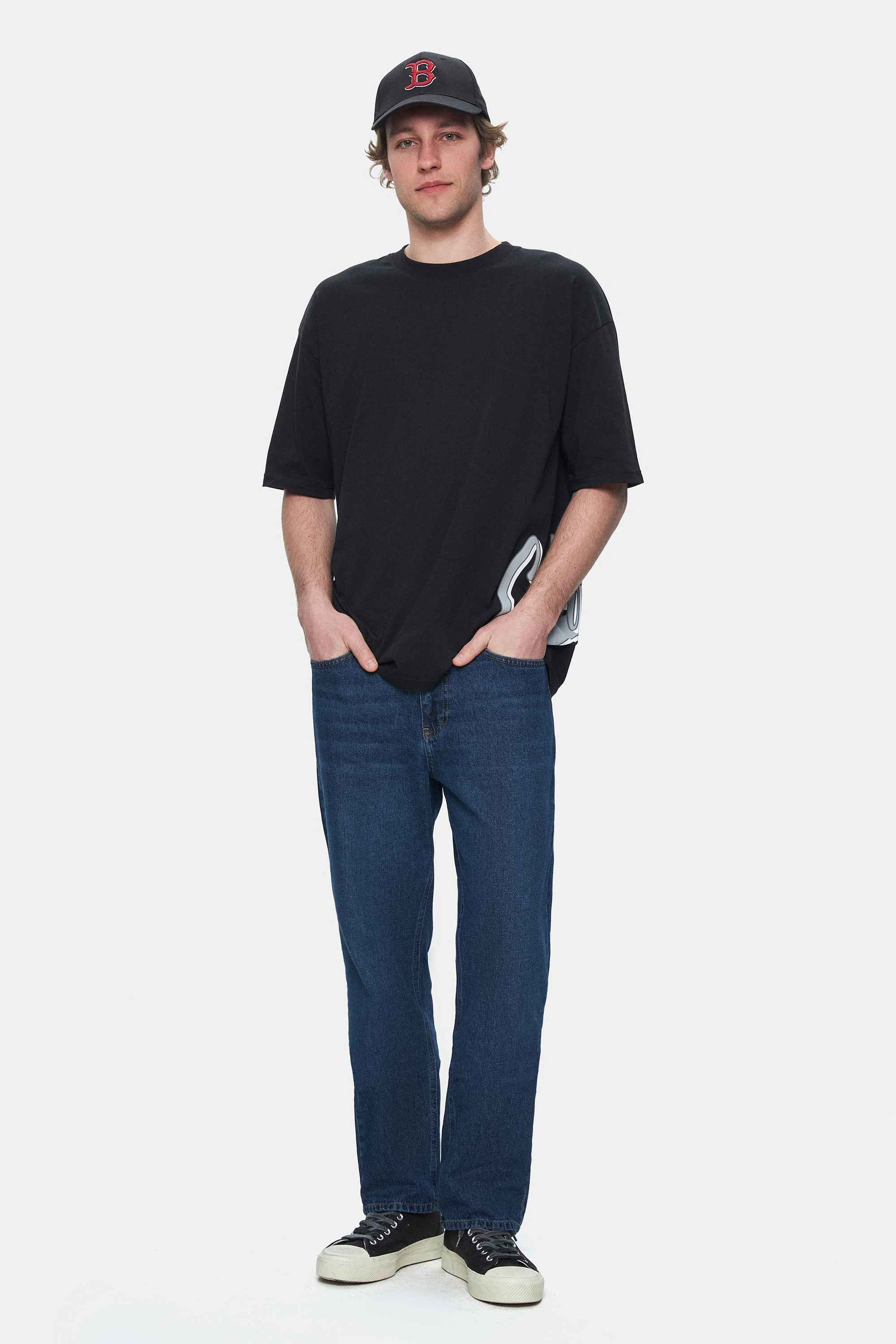 ROSCOE Siyah Bisiklet Yaka Baskılı Oversize Erkek Tshirt