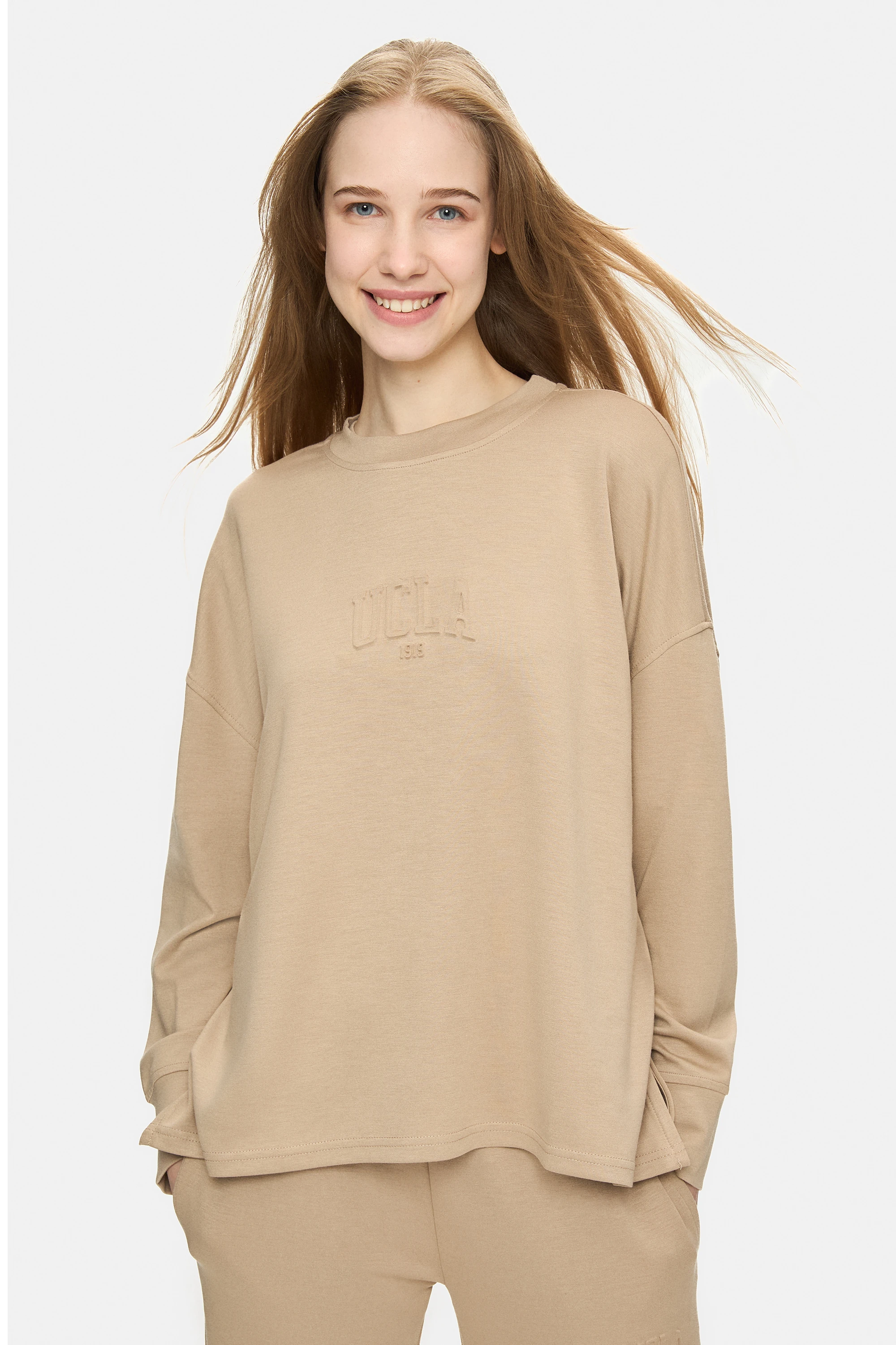 ELOWEN Bej Bisiklet Yaka Gofre Baskılı Modal Kumaş Loose Fit Kadın Sweatshirt