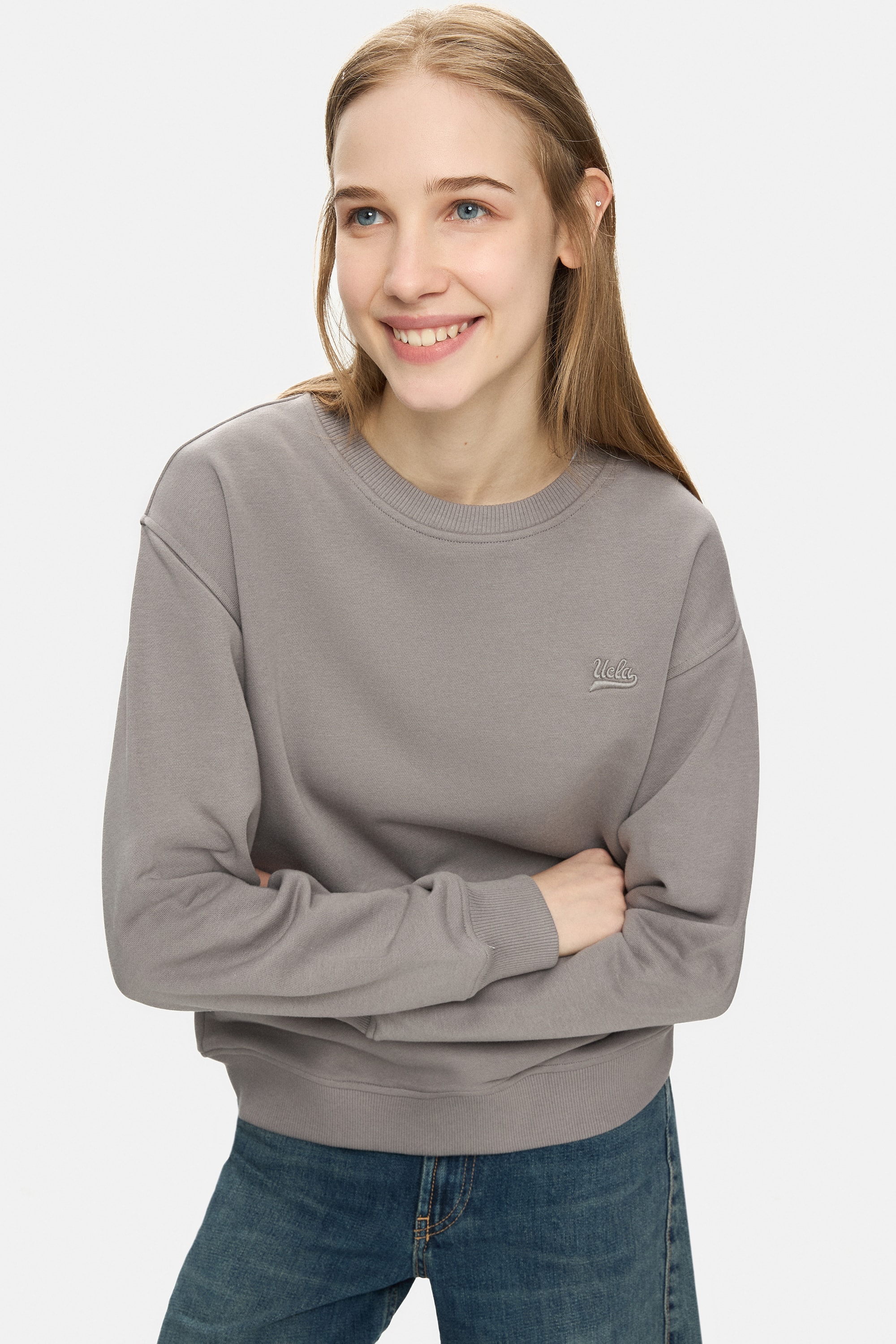 SUNNIVA Koyu Gri Bisiklet Yaka Nakışlı Loose Fit Kadın Sweatshirt