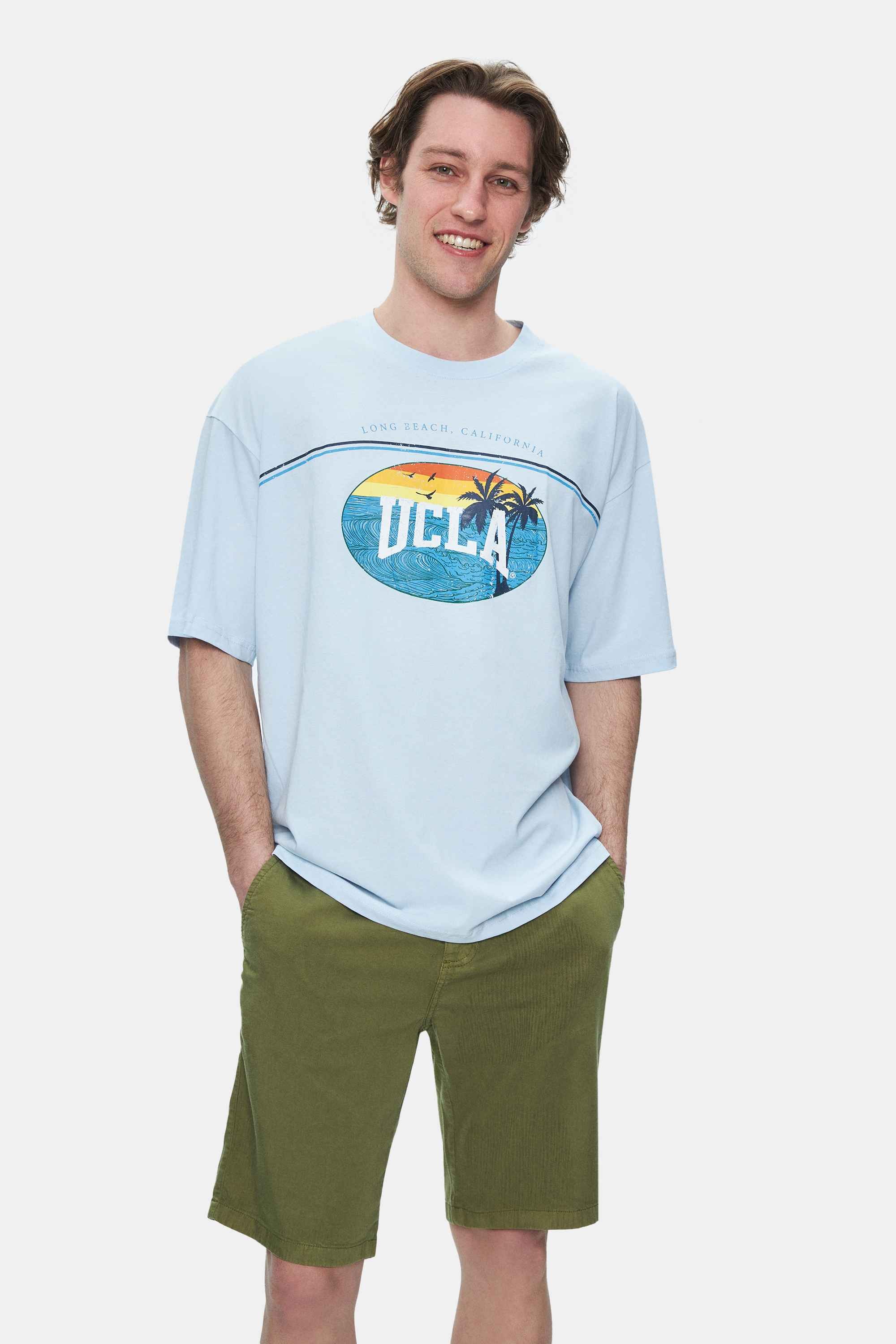 AIRE Gök Mavi Bisiklet Yaka Baskılı Oversize Erkek Tshirt