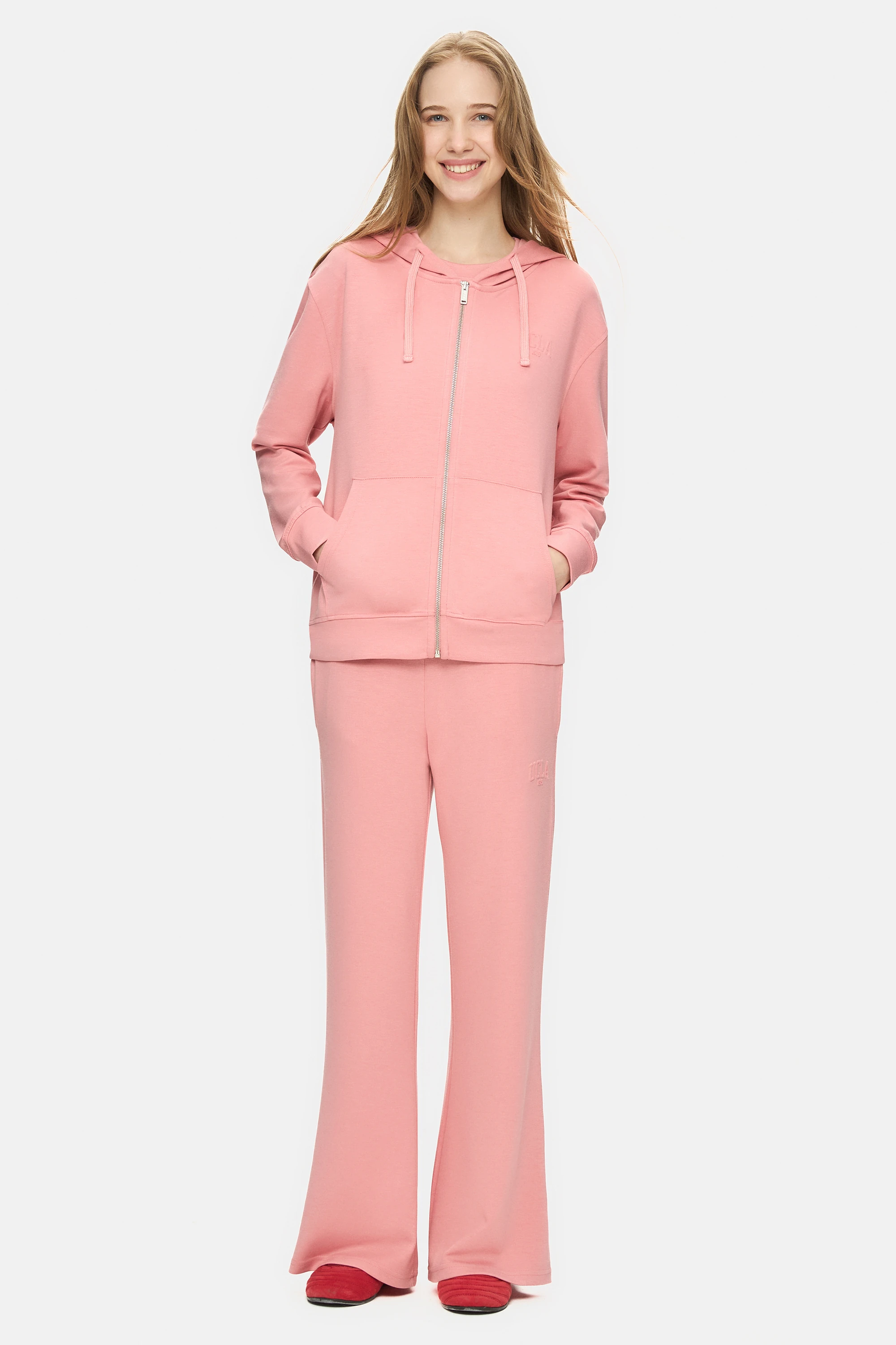 ALLURA Pembe Kapüşonlu Gofre Baskılı Modal Kumaş Loose Fit Kadın Sweatshirt