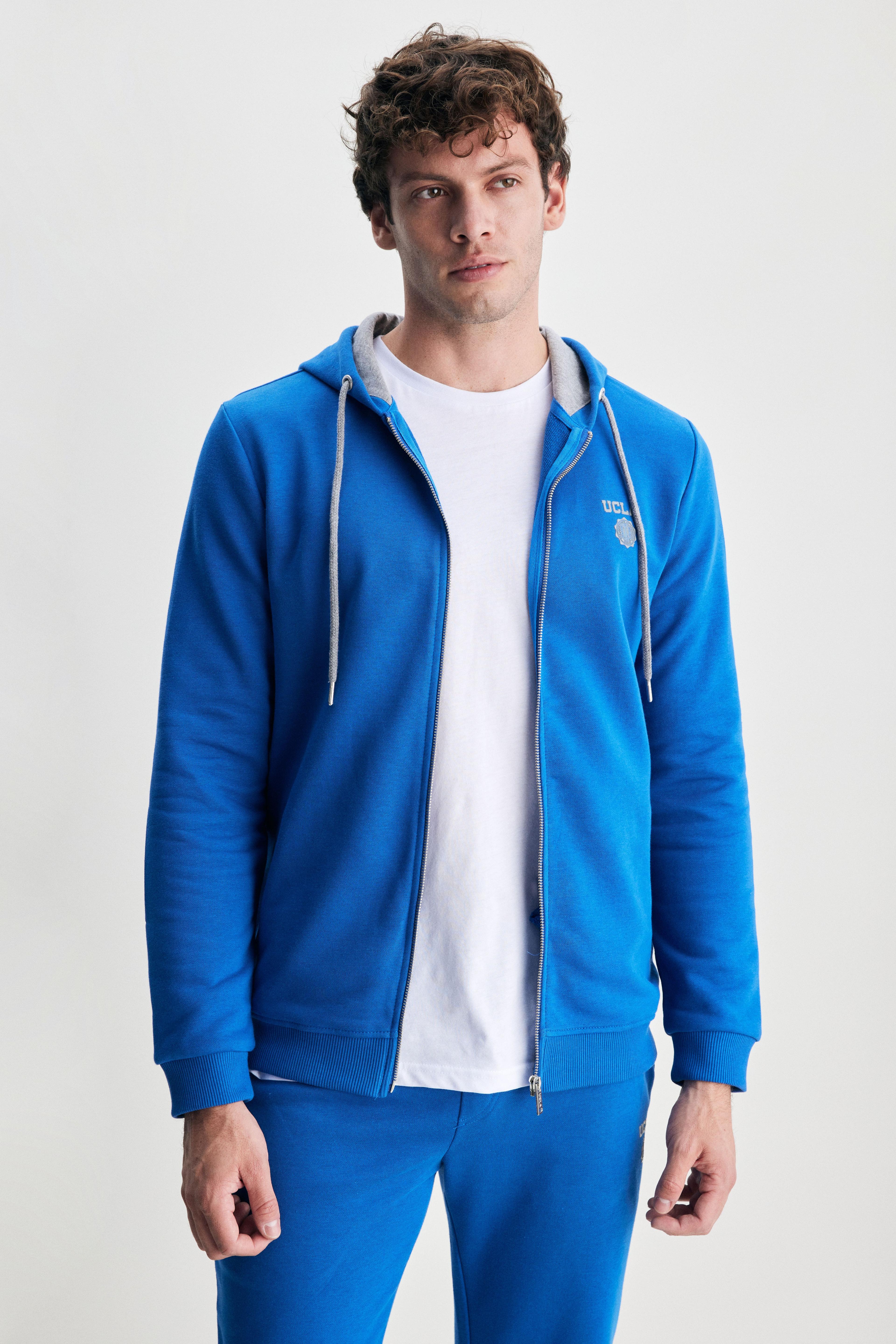 HILGARD Mavi Kapüşonlu Ve Fermuarlı Baskılı Standard Fit Erkek Sweatshirt