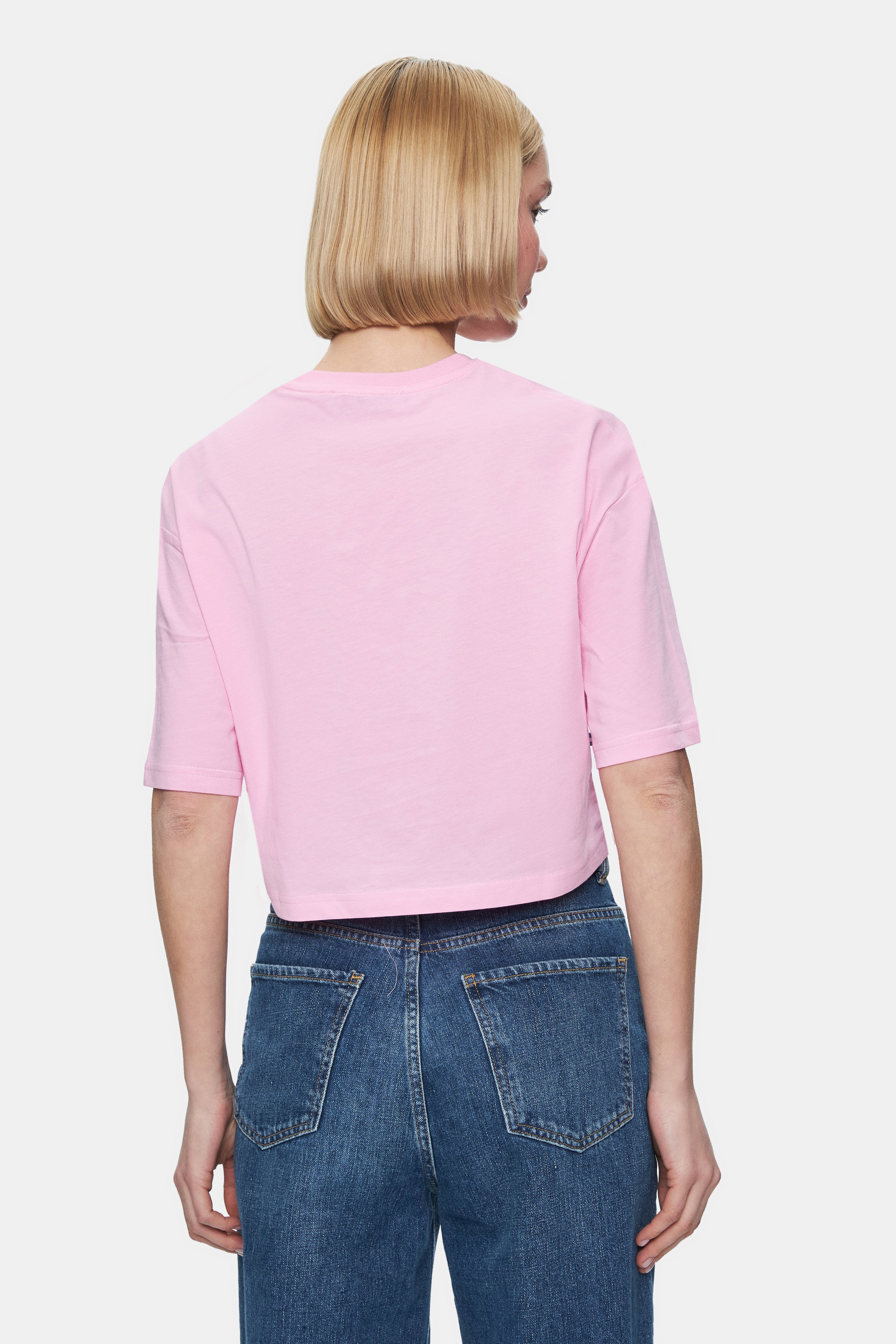 INDIANA Açık Pembe Bisiklet Yaka Crop Baskılı Loose Fit Kadın Tshirt