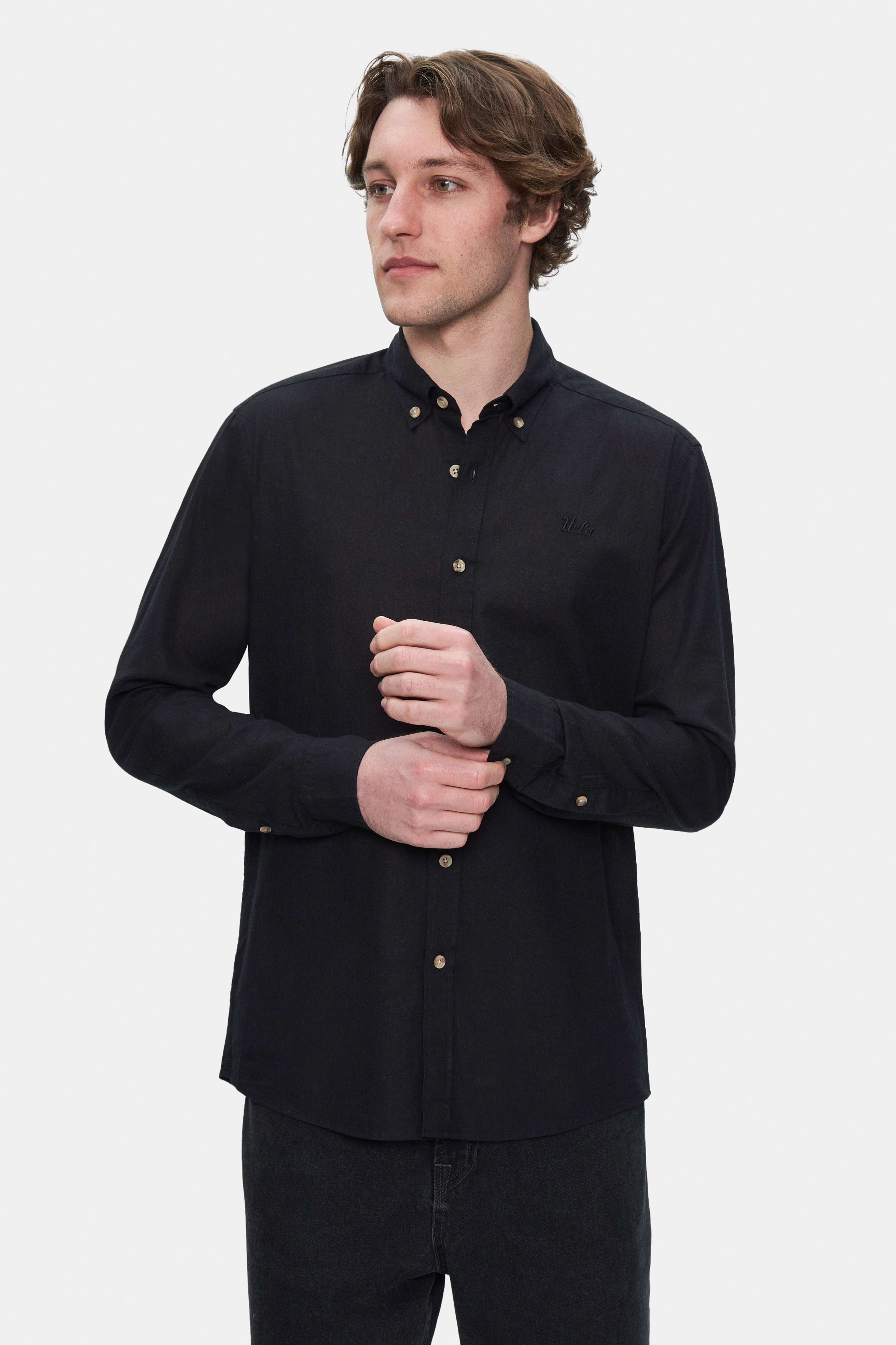 JACQUEZ Siyah Keten Nakışlı Standard Fit Erkek Gömlek