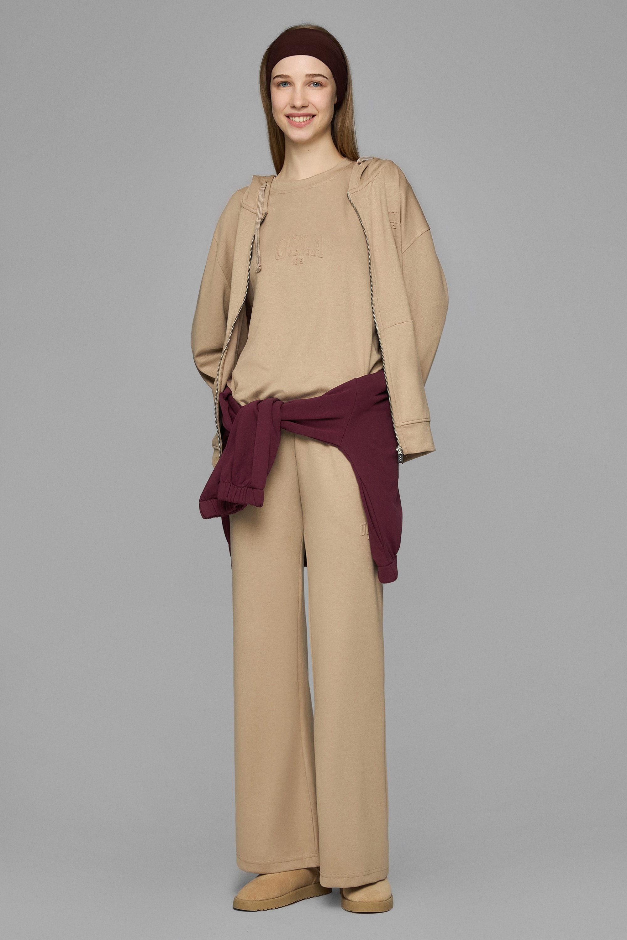 ALLURA Koyu Bej Kapüşonlu Gofre Baskı Loose Fit Kadın Sweatshirt