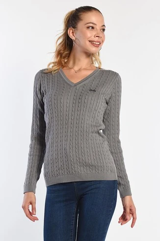 CREST Gri Saç Örgü Nakışlı Standard Fit Kadın Triko