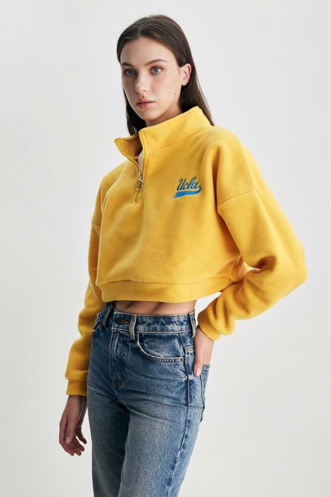 HAPPY Sarı Fermuarlı Nakışlı Polar Oversize Kadın Sweatshirt