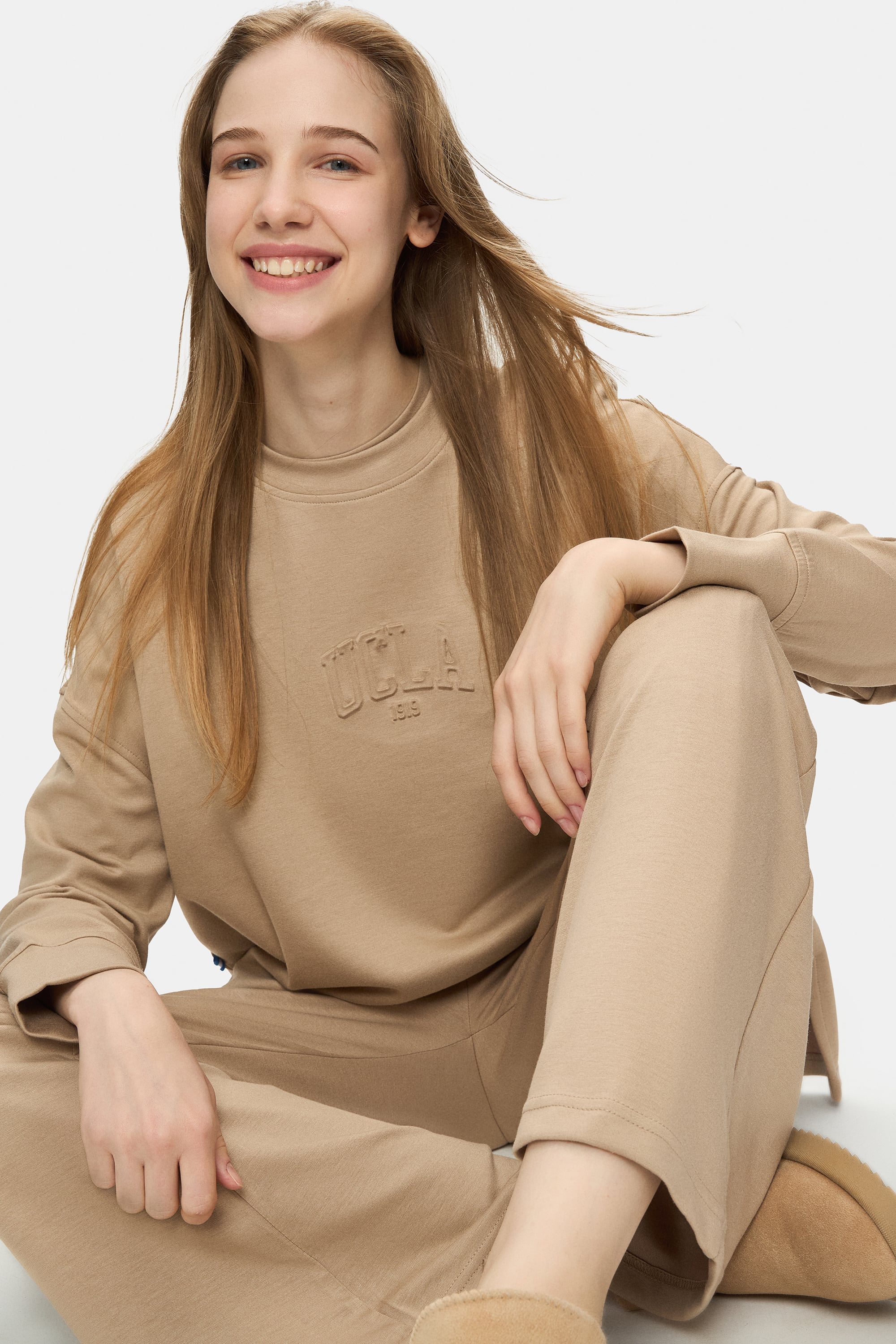 URANIA Koyu Bej İspanyol Paça Gofre Baskı Loose Fit Kadın Eşofman Alt