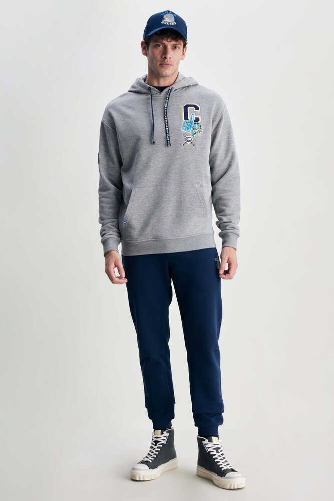 ROSS Gri Kapüşonlu Nakışlı Oversize Erkek Sweatshirt