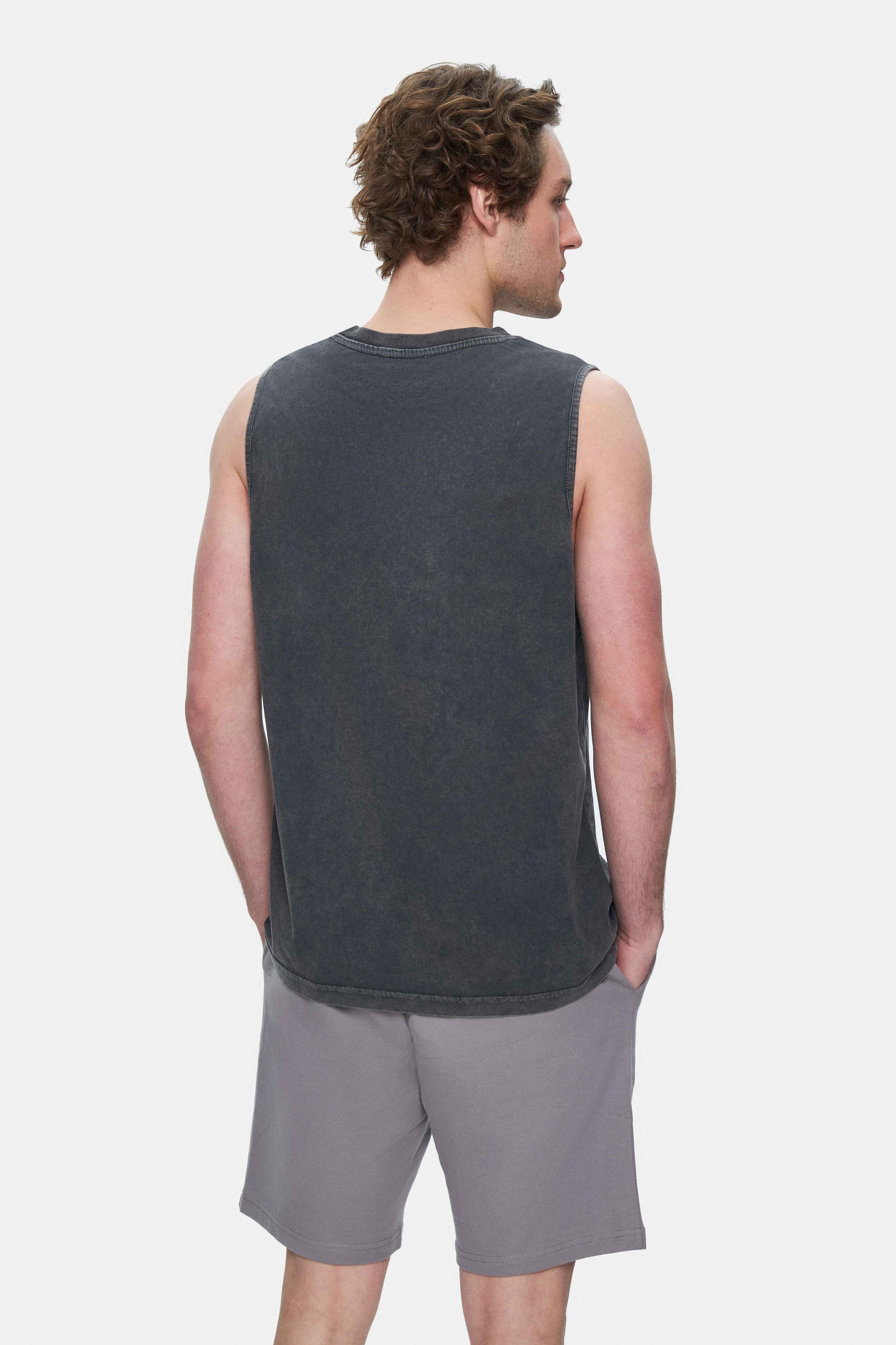 ELTON Siyah Bisiklet Yaka Sıfır Kol Yıkamalı Baskılı Oversize Erkek Tshirt