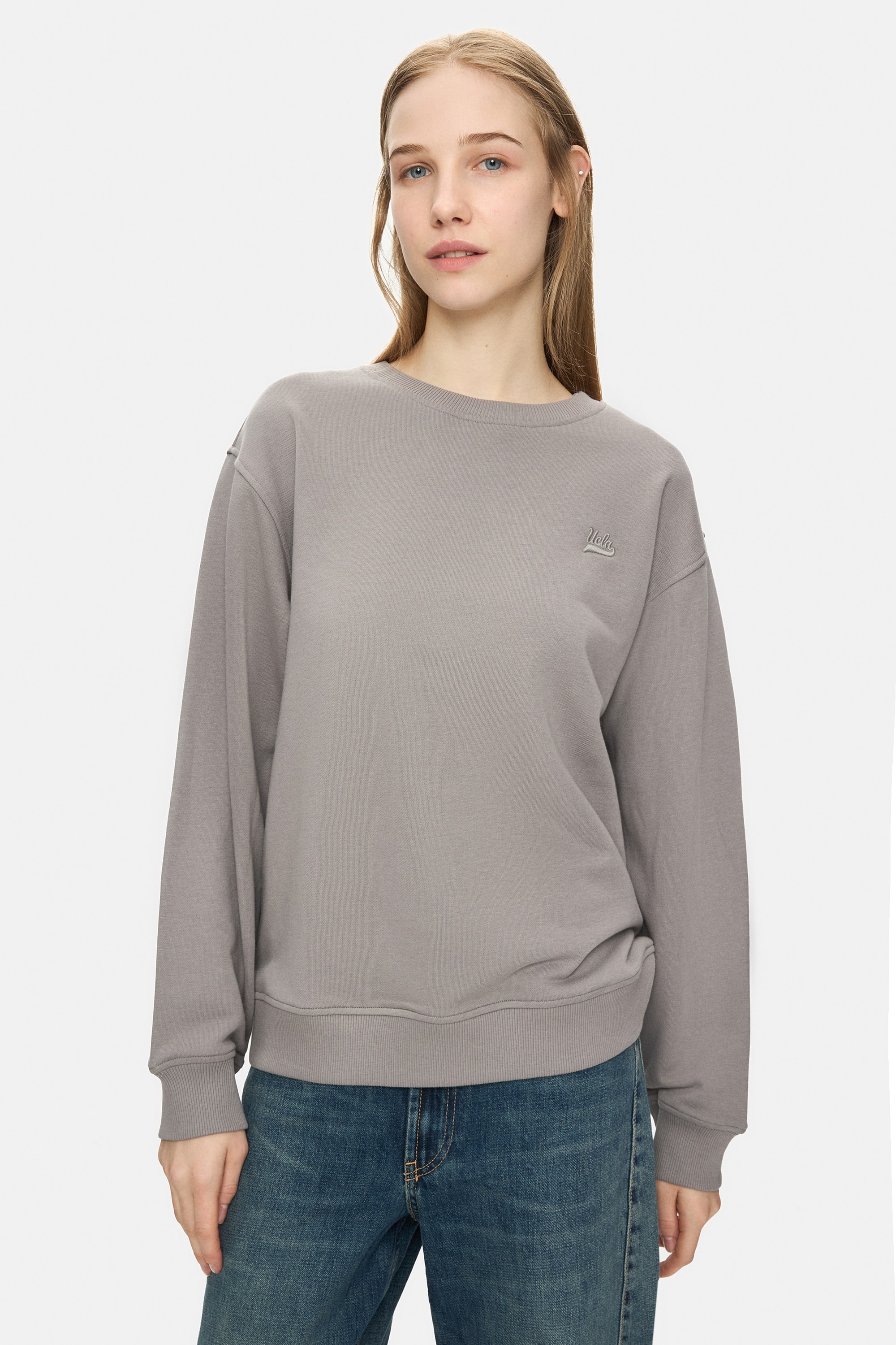 SUNNIVA Koyu Gri Bisiklet Yaka Nakışlı Loose Fit Kadın Sweatshirt