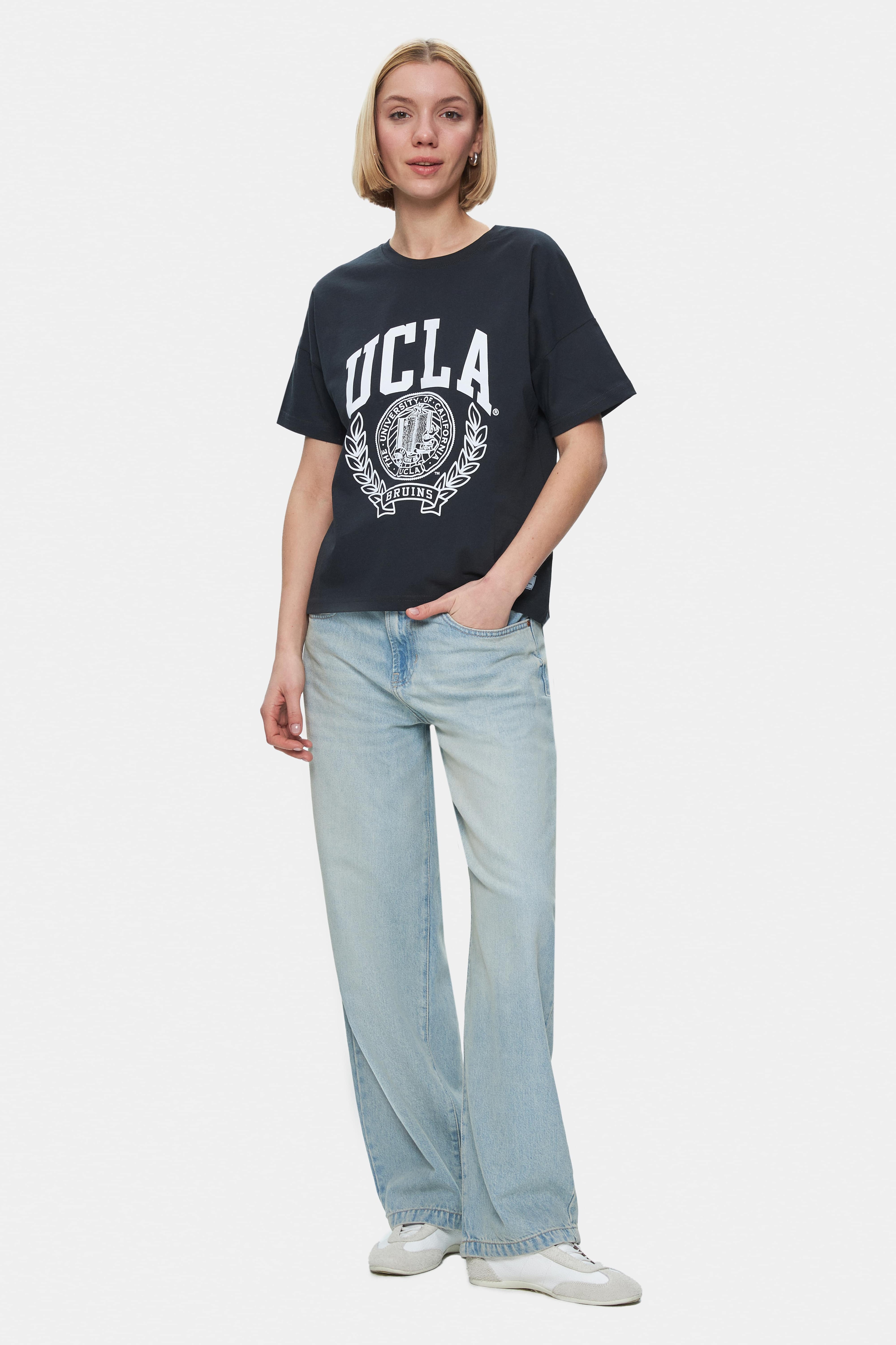 AVALON Antrasit Bisiklet Yaka Baskılı Oversize Kadın Tshirt