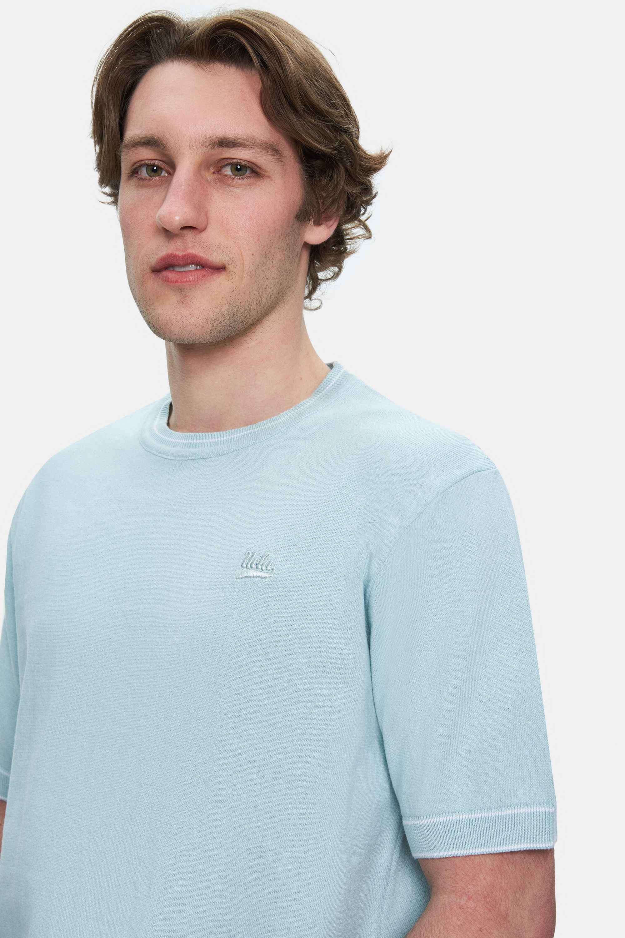 FARED Gök Mavi Bisiklet Yaka Triko Nakışlı Standard Fit Erkek Tshirt