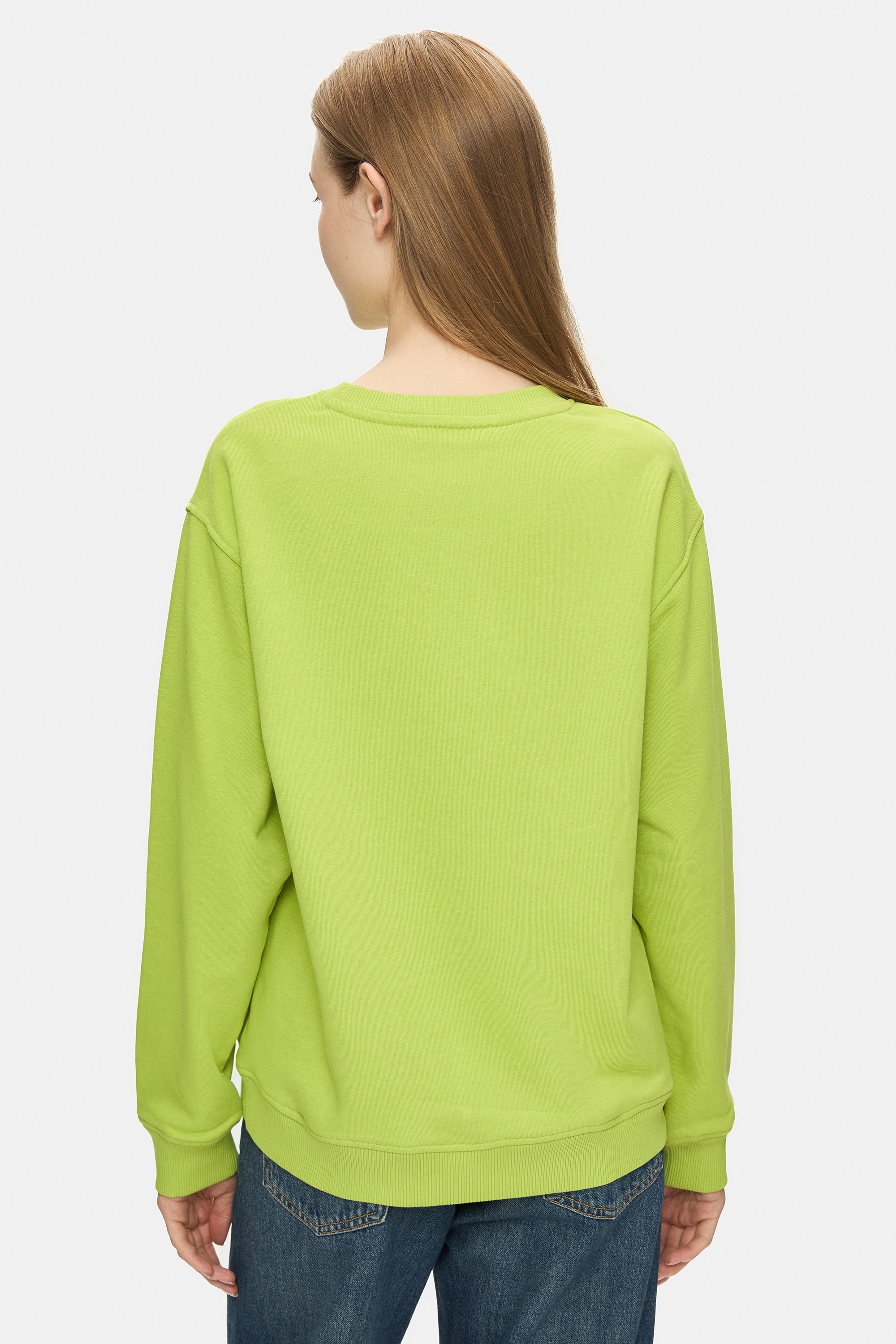 SUNNIVA Koyu Yeşil Bisiklet Yaka Nakışlı Loose Fit Kadın Sweatshirt