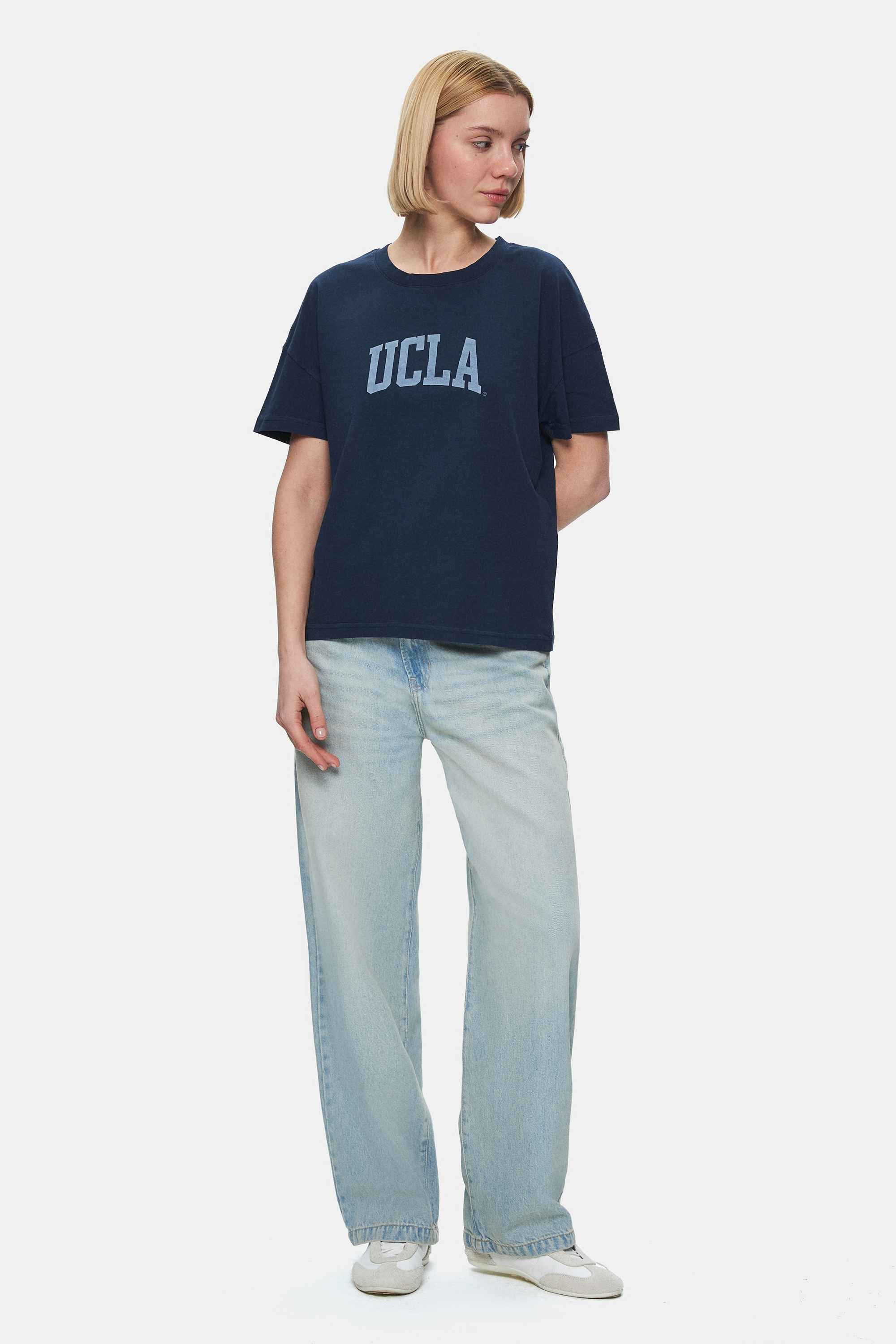 EVERLEE Lacivert Bisiklet Yaka Taş Yıkama Baskılı Loose Fit Kadın Tshirt