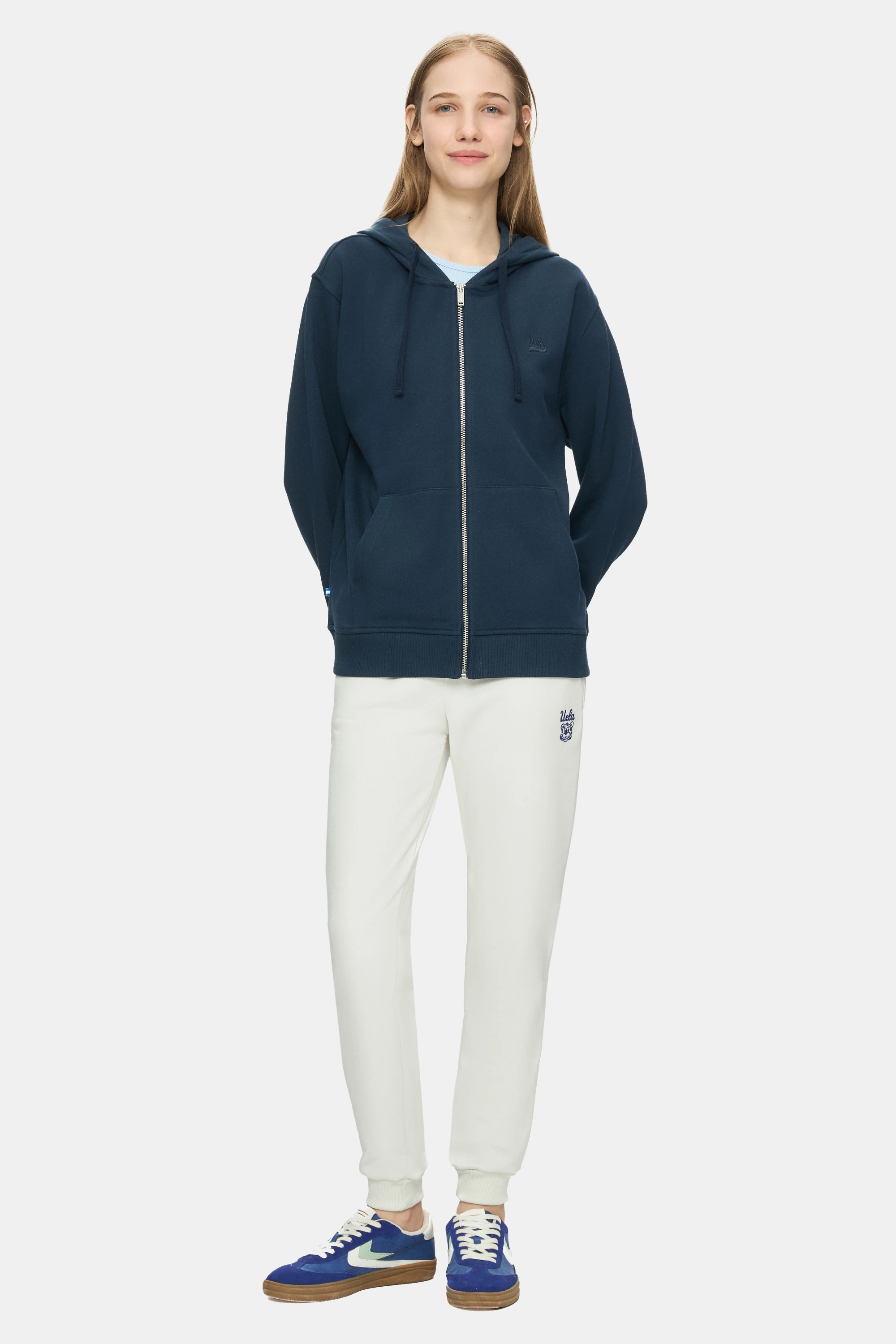 VIVIANA Lacivert Kapüşonlu Nakışlı Fermuarlı Standard Fit Kadın Sweatshirt