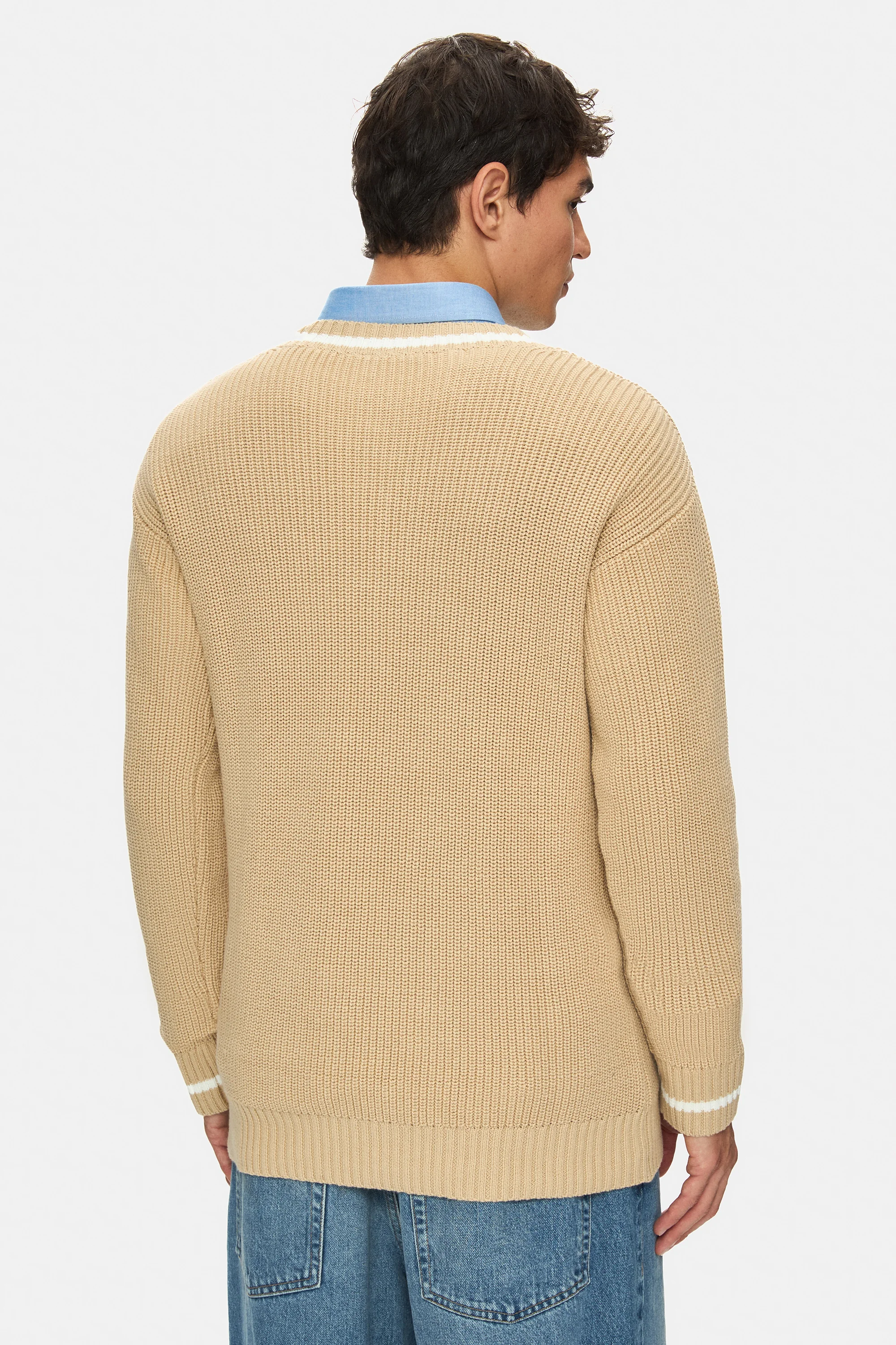 HEYOKA Koyu Bej Bisiklet Yaka Nakışlı Loose Fit Erkek Triko