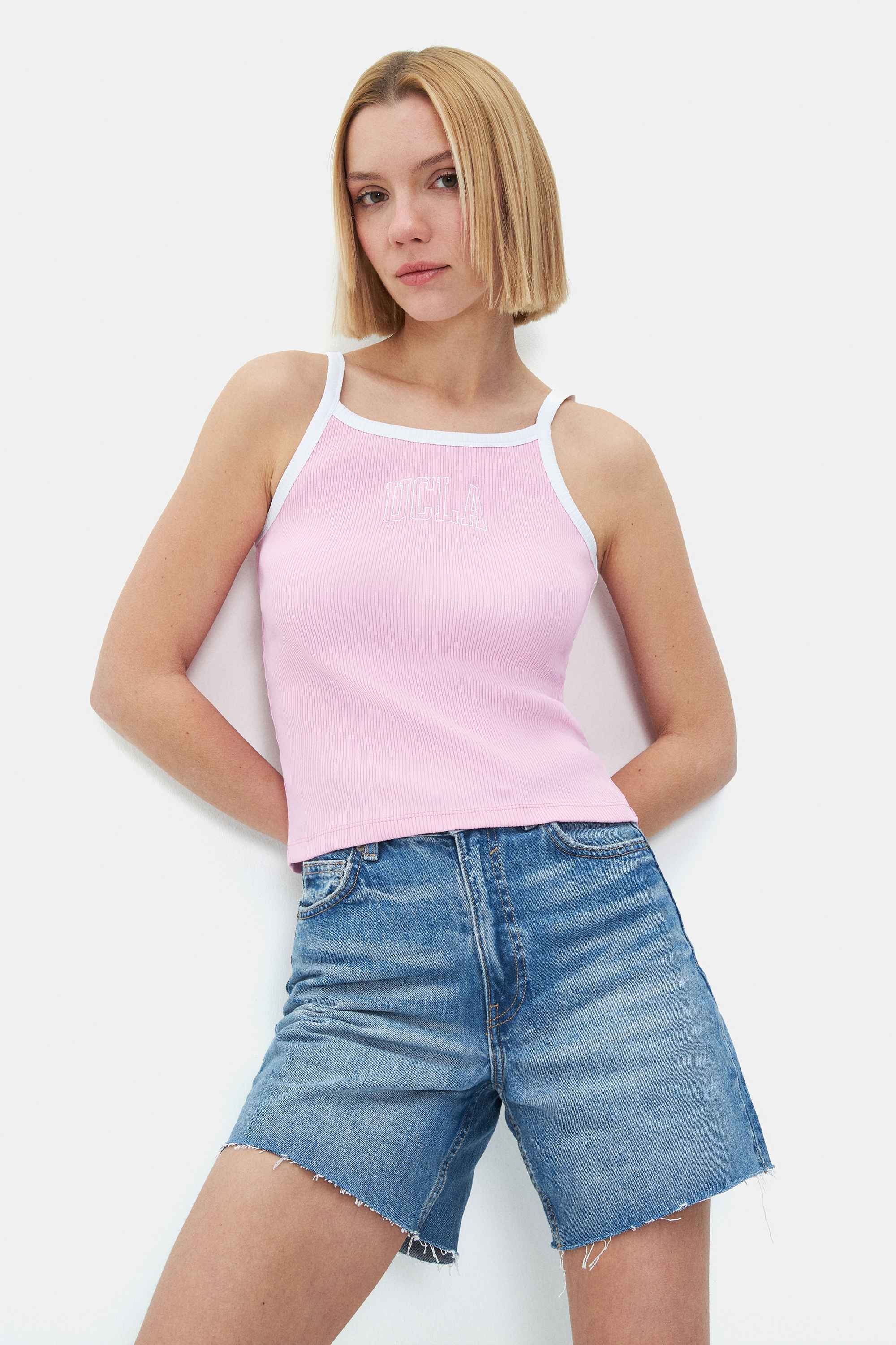 PALMER Açık Pembe Askılı Nakışlı Standard Fit Kadın Crop