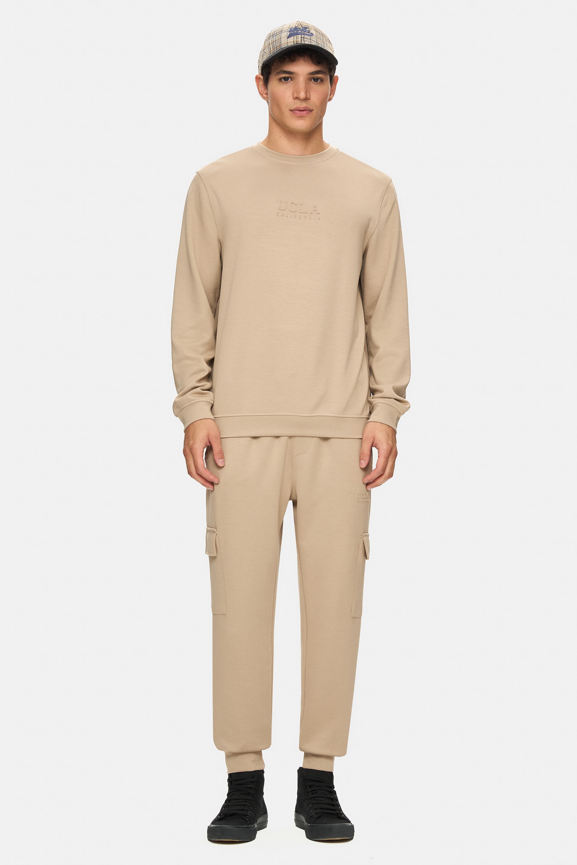 MACHADO Koyu Bej Bisiklet Yaka Gofre Baskı Standard Fit Erkek Sweatshirt