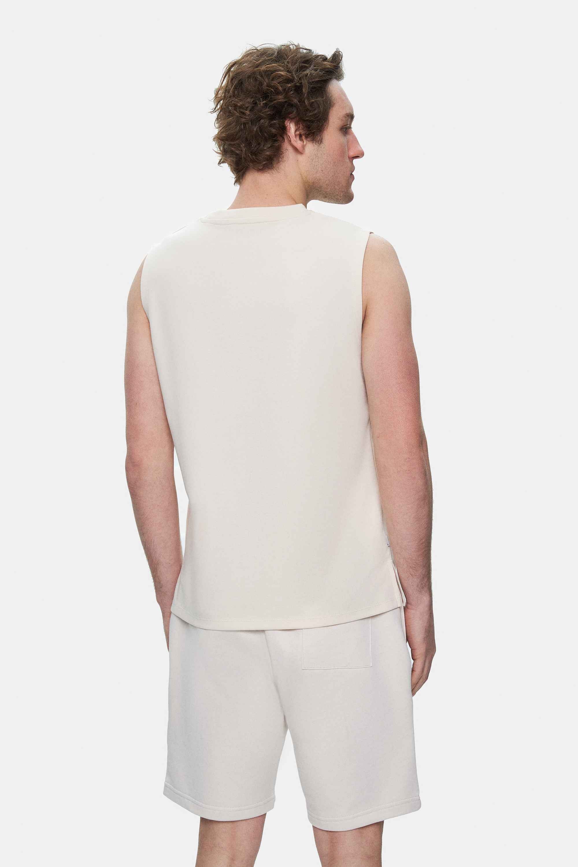 BODHI Kemik Rengi Bisiklet Yaka Sıfır Kol Baskılı Oversize Erkek Tshirt