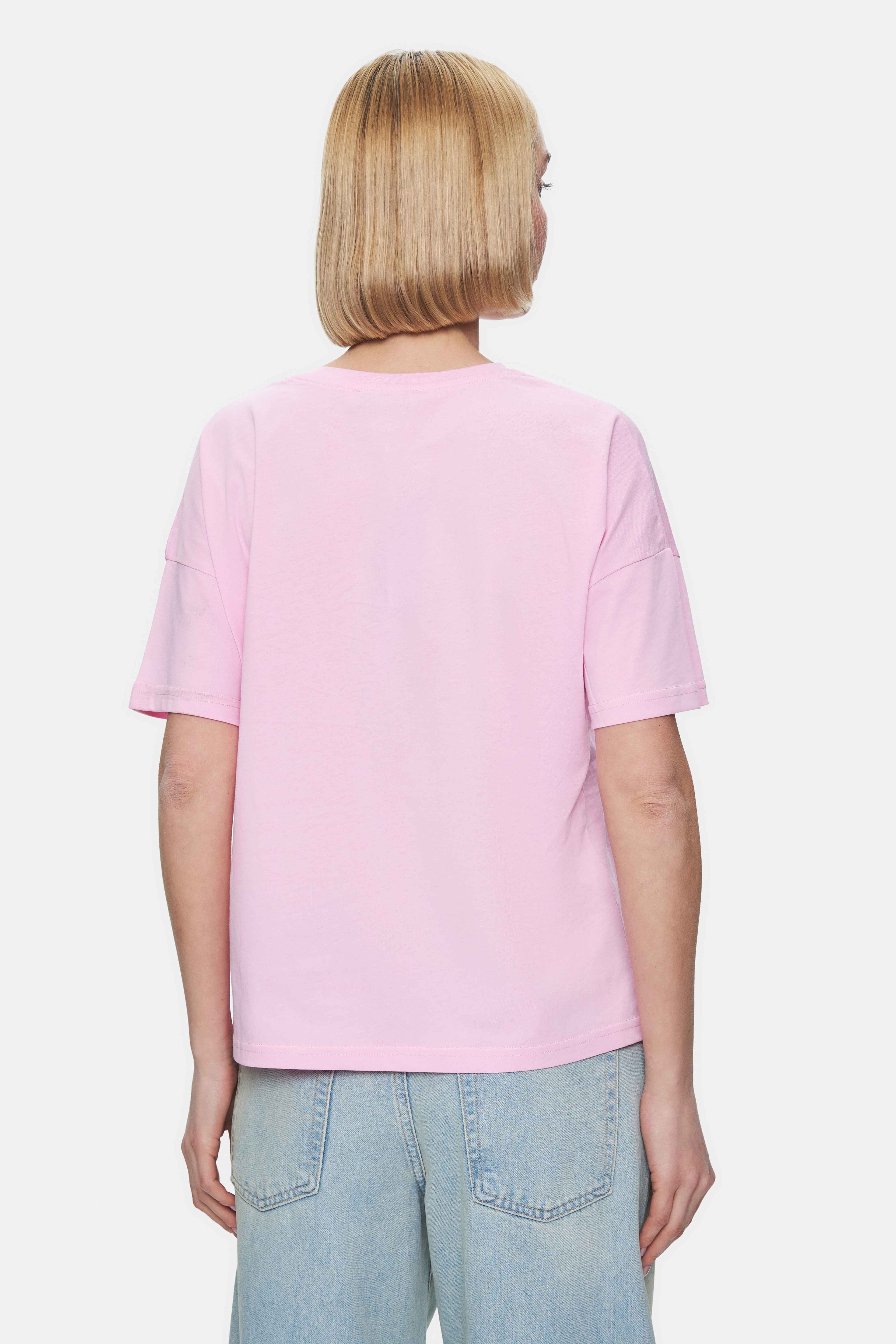 AVALON Pembe Bisiklet Yaka Baskılı Oversize Kadın Tshirt