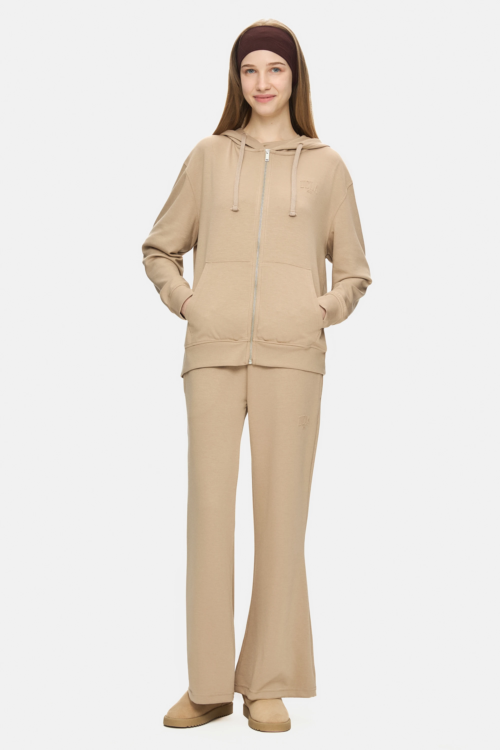 ALLURA Koyu Bej Kapüşonlu Gofre Baskılı Modal Kumaş Loose Fit Kadın Sweatshirt